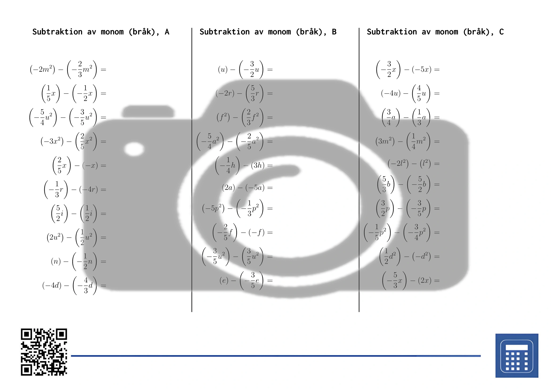 Arbetsblad: Subtraktion av monom (bråk) - Bild 2