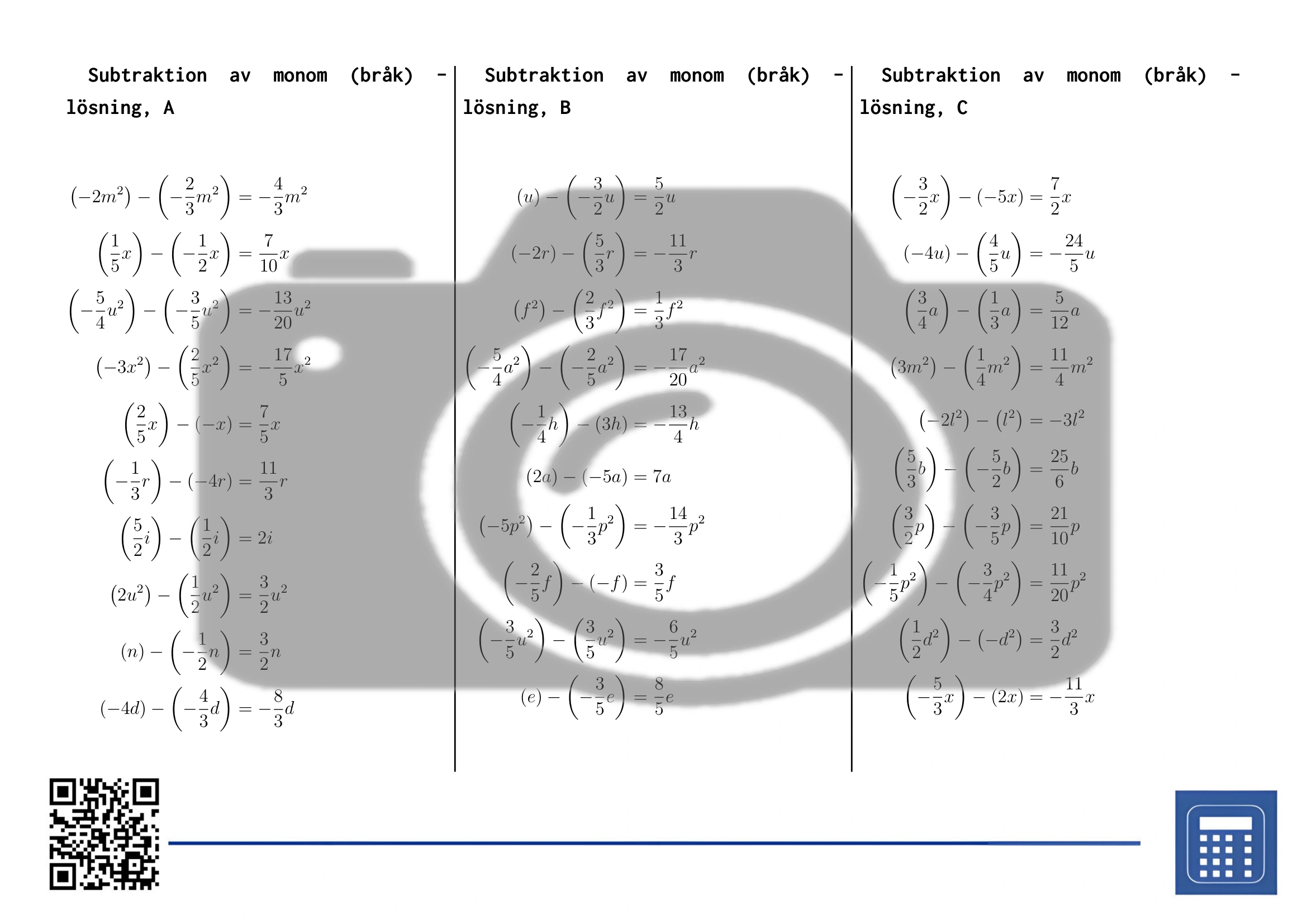 Arbetsblad: Subtraktion av monom (bråk) - Bild 4