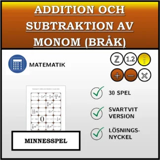 Memoryspel: Addition och subtraktion av monom (bråk)