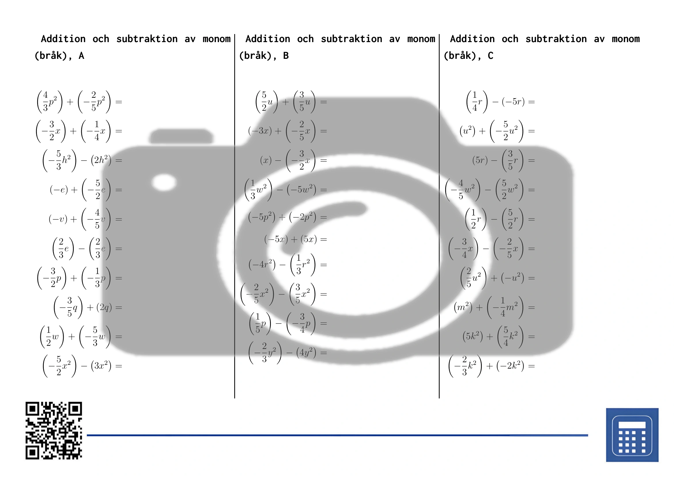 Arbetsblad: Addition och subtraktion av monom (bråk) - Bild 2