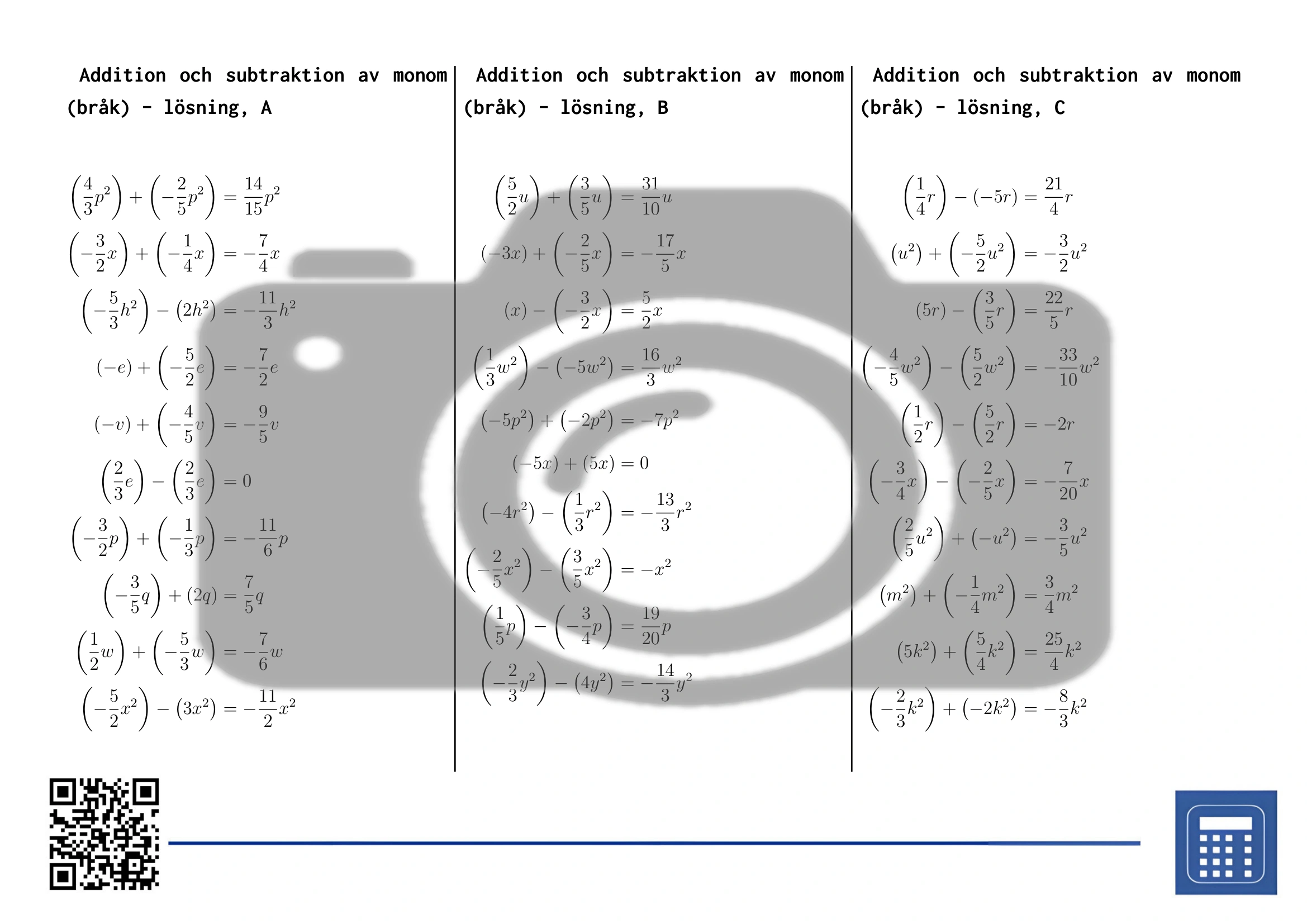 Arbetsblad: Addition och subtraktion av monom (bråk) - Bild 4