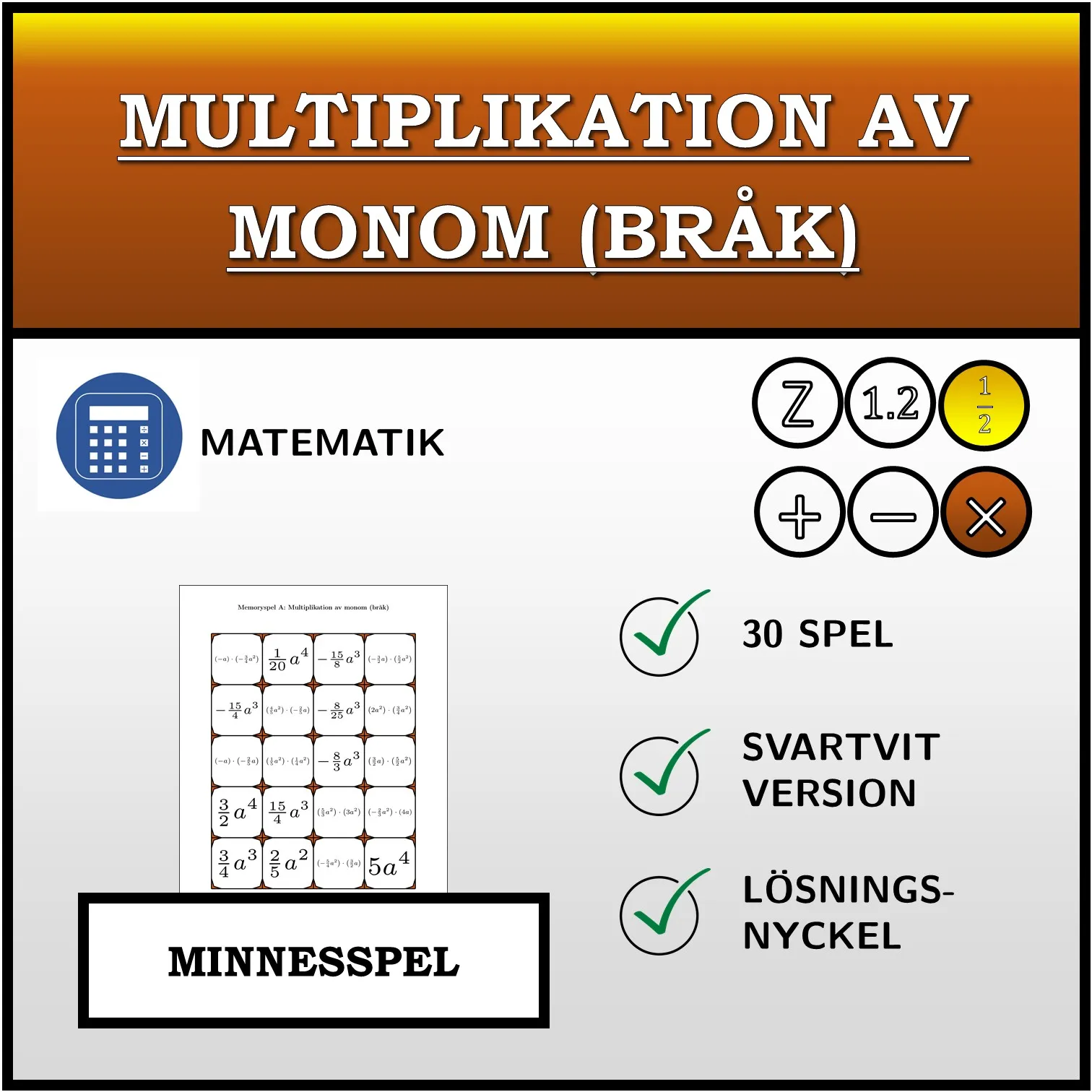Memoryspel: Multiplikation av monom (bråk)