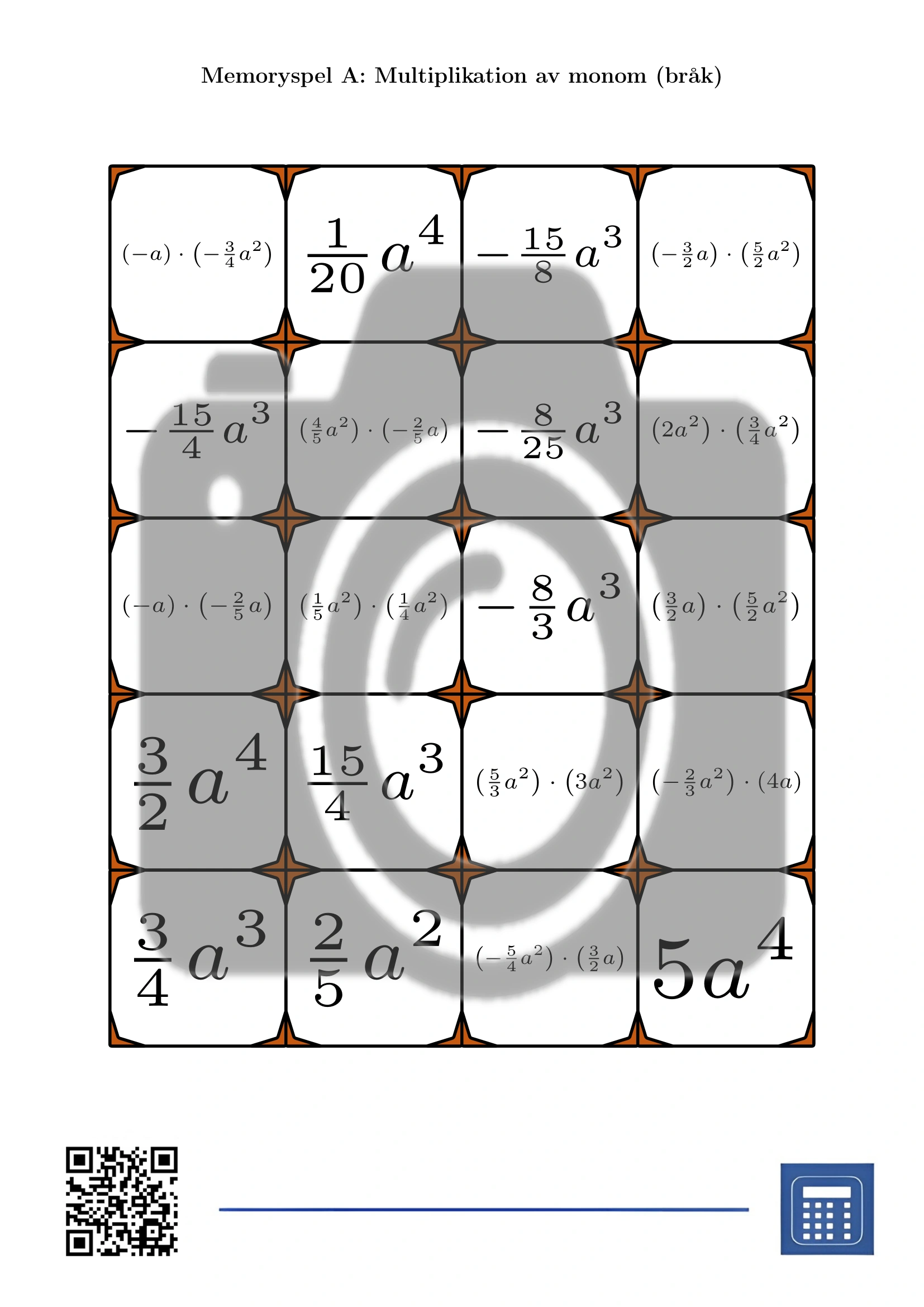 Memoryspel: Multiplikation av monom (bråk) - Bild 2