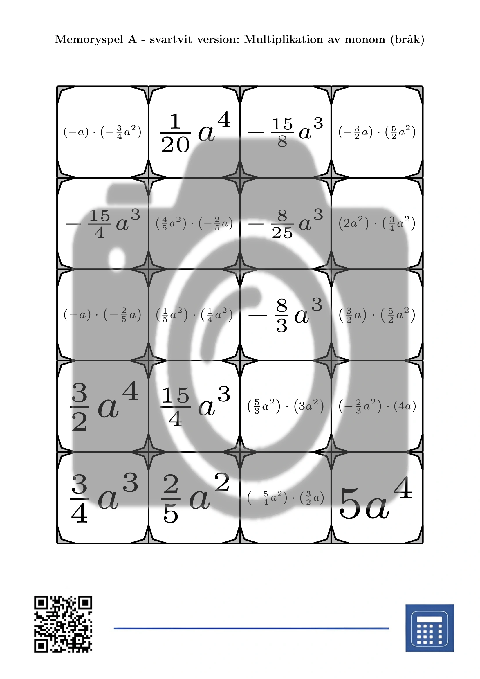 Memoryspel: Multiplikation av monom (bråk) - Bild 3