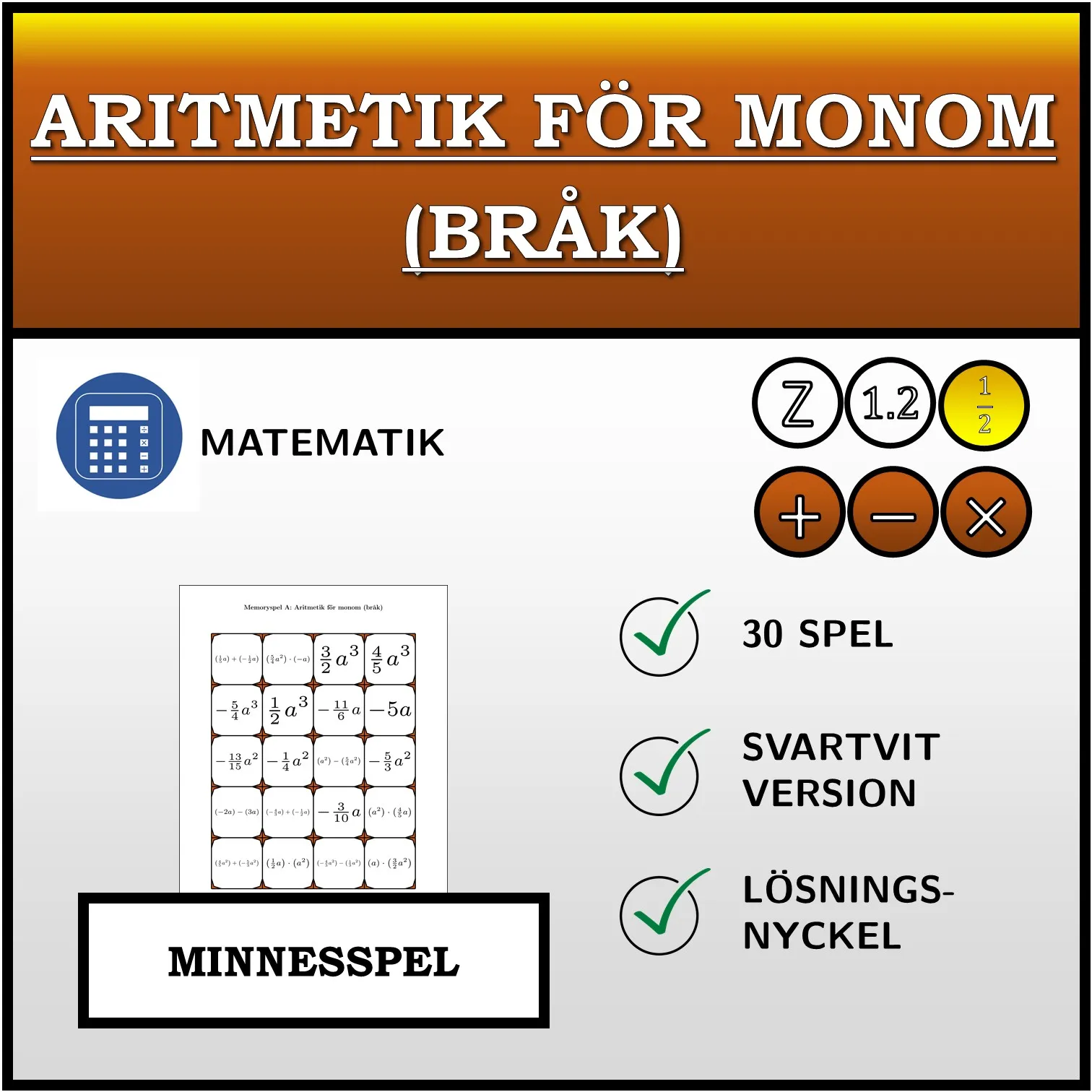 Memoryspel: Aritmetik för monom (bråk)