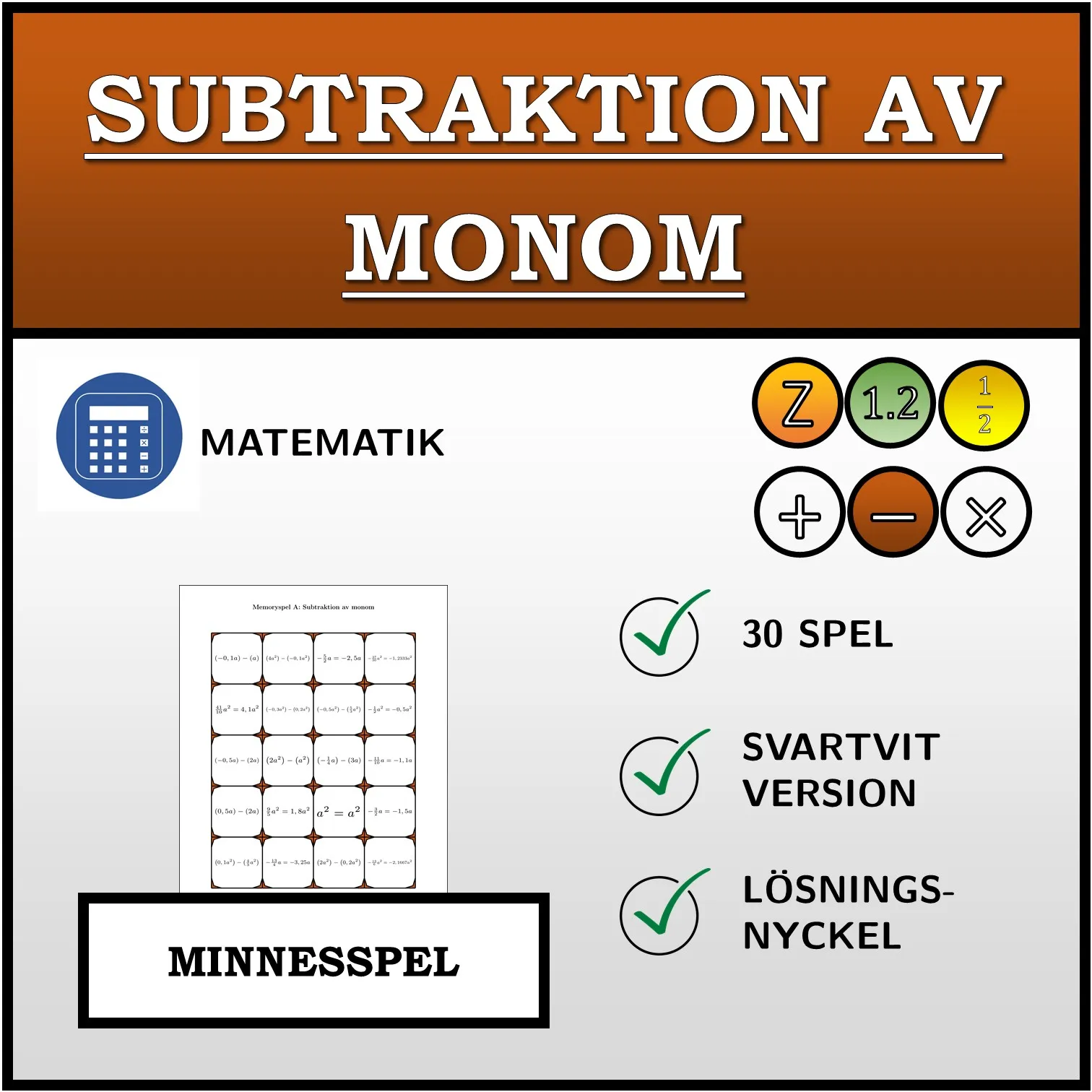 Memoryspel: Subtraktion av monom