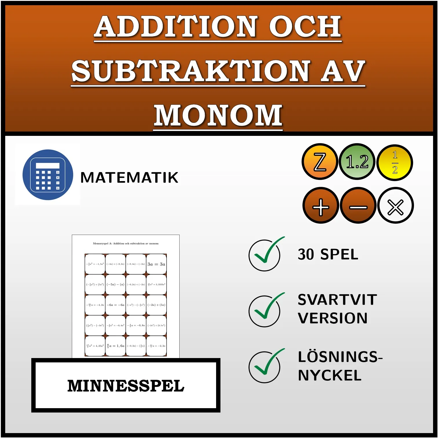 Memoryspel: Addition och subtraktion av monom