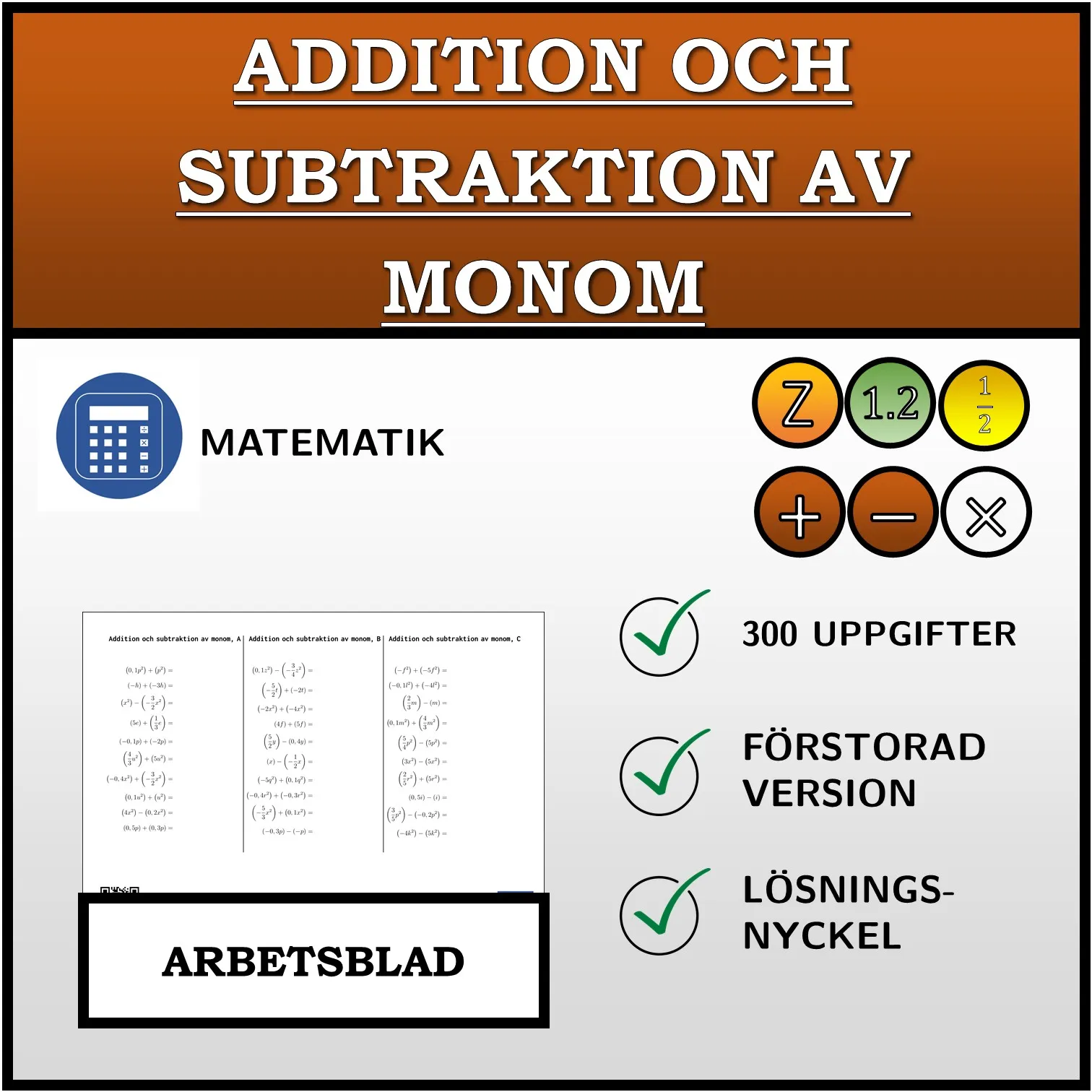 Arbetsblad: Addition och subtraktion av monom