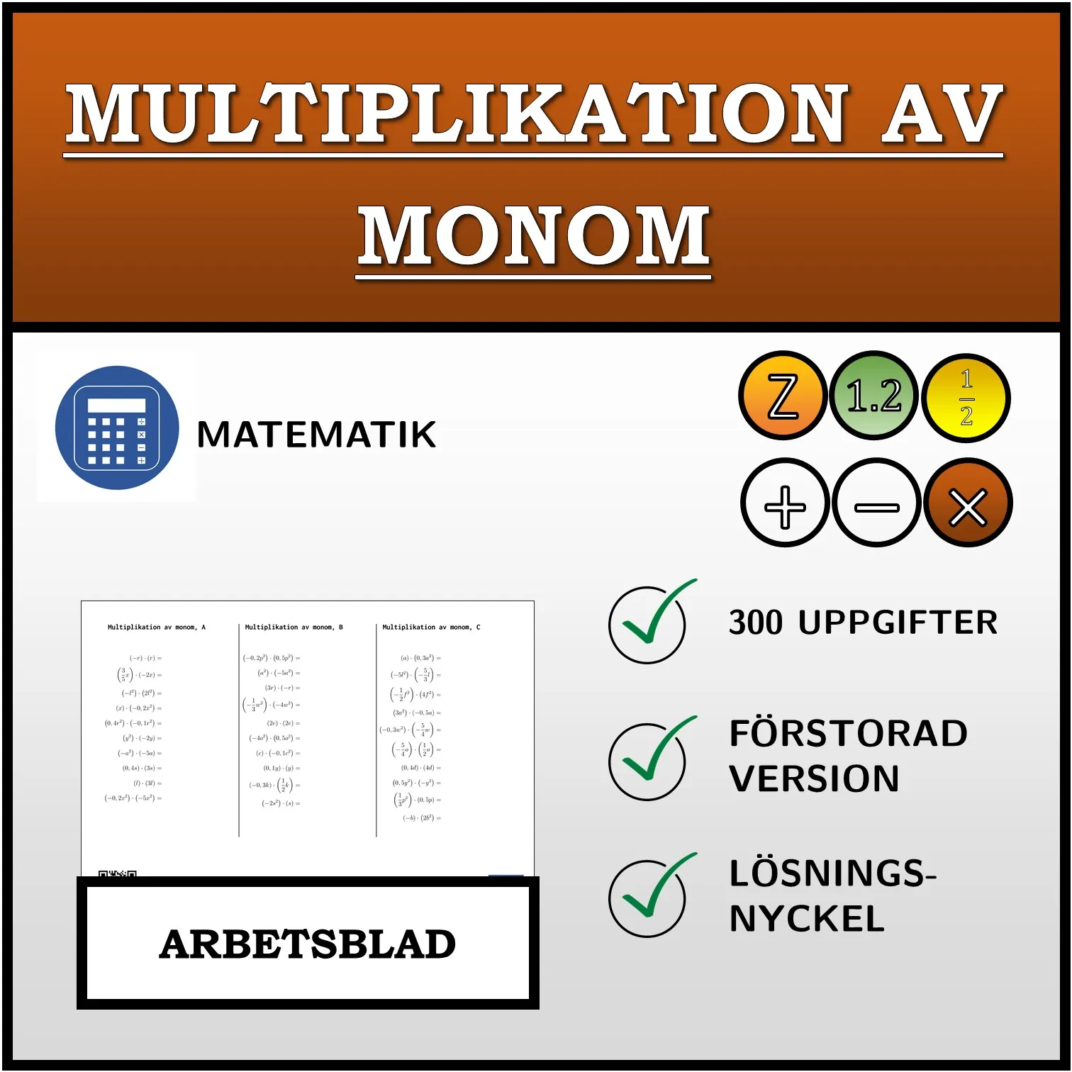 Arbetsblad: Multiplikation av monom