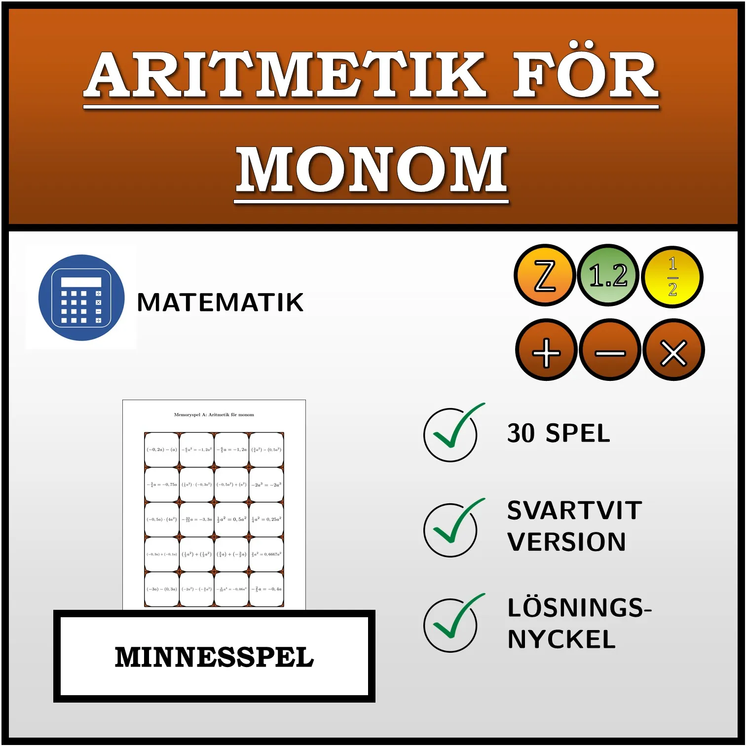 Memoryspel: Aritmetik för monom