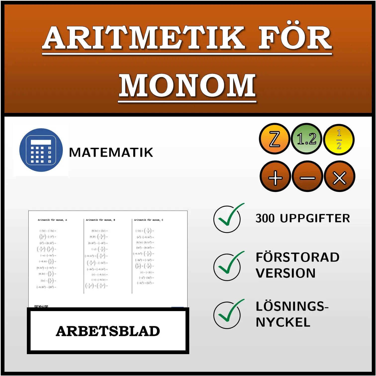 Arbetsblad: Aritmetik för monom