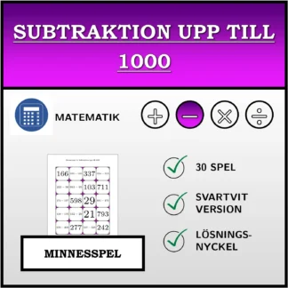 Memoryspel: Subtraktion upp till 1000