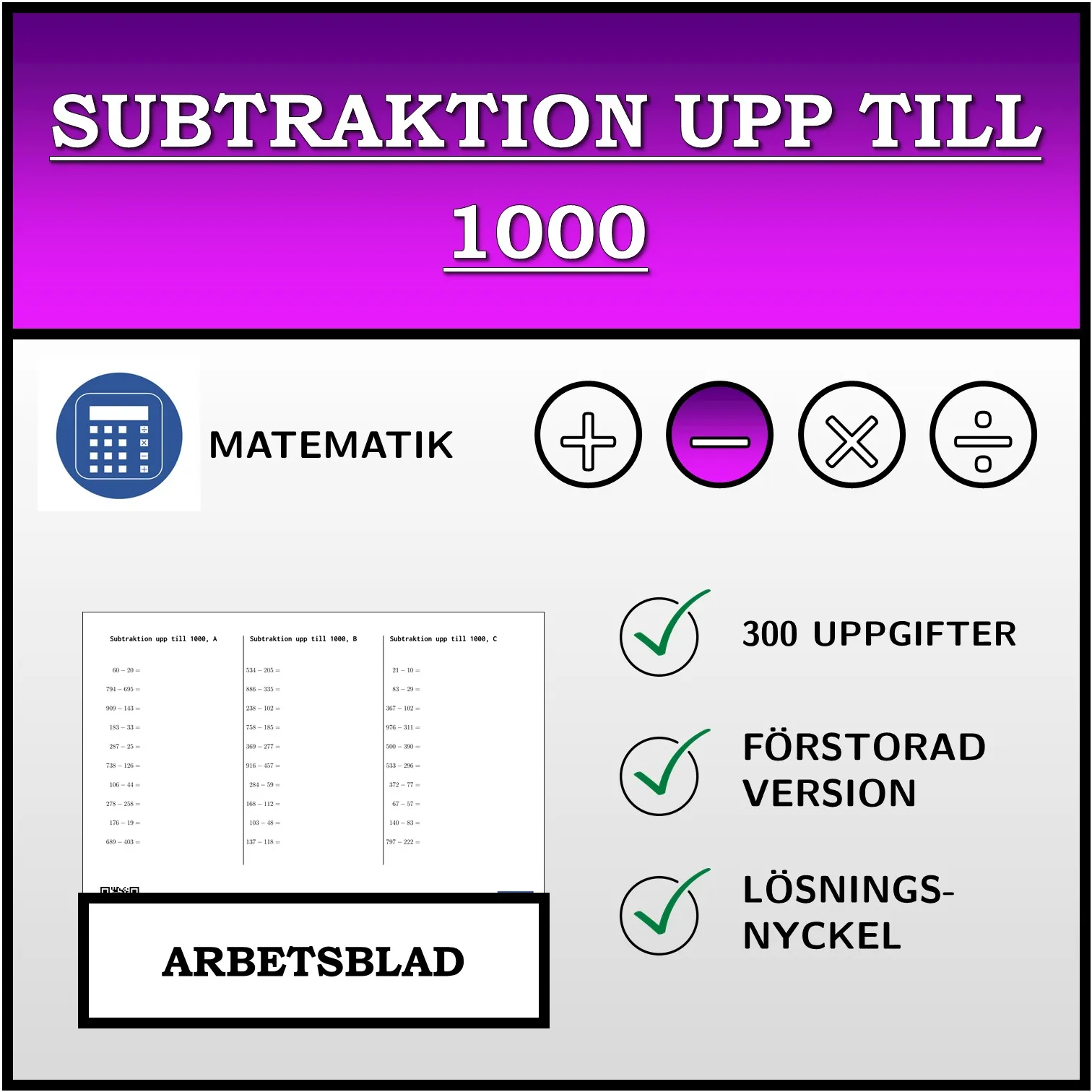 Arbetsblad: Subtraktion upp till 1000