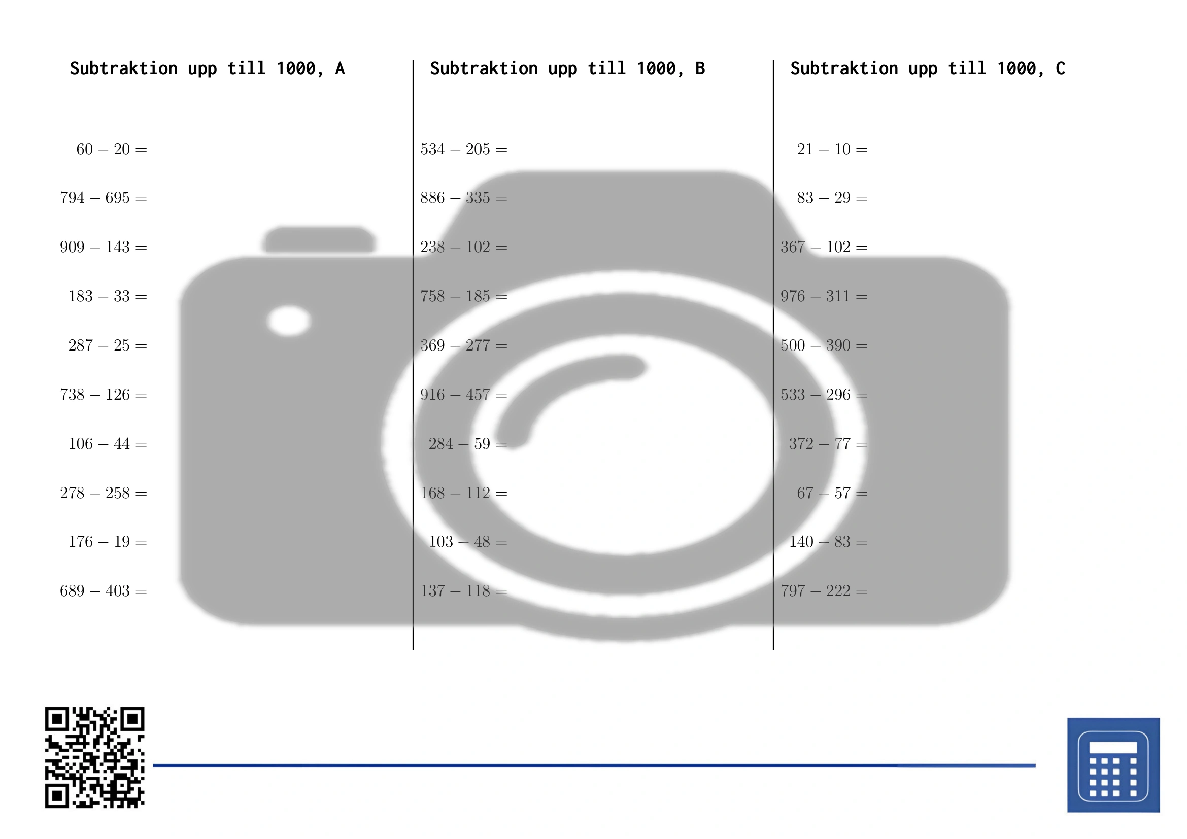 Arbetsblad: Subtraktion upp till 1000 - Bild 2
