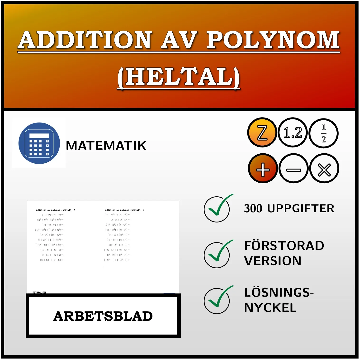 Arbetsblad: Addition av polynom (heltal)