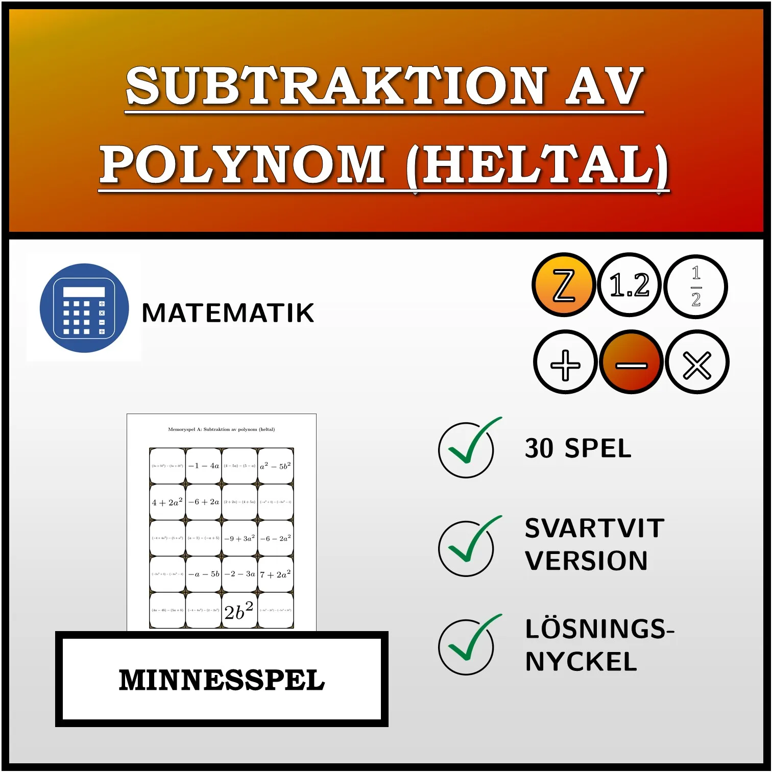 Memoryspel: Subtraktion av polynom (heltal)