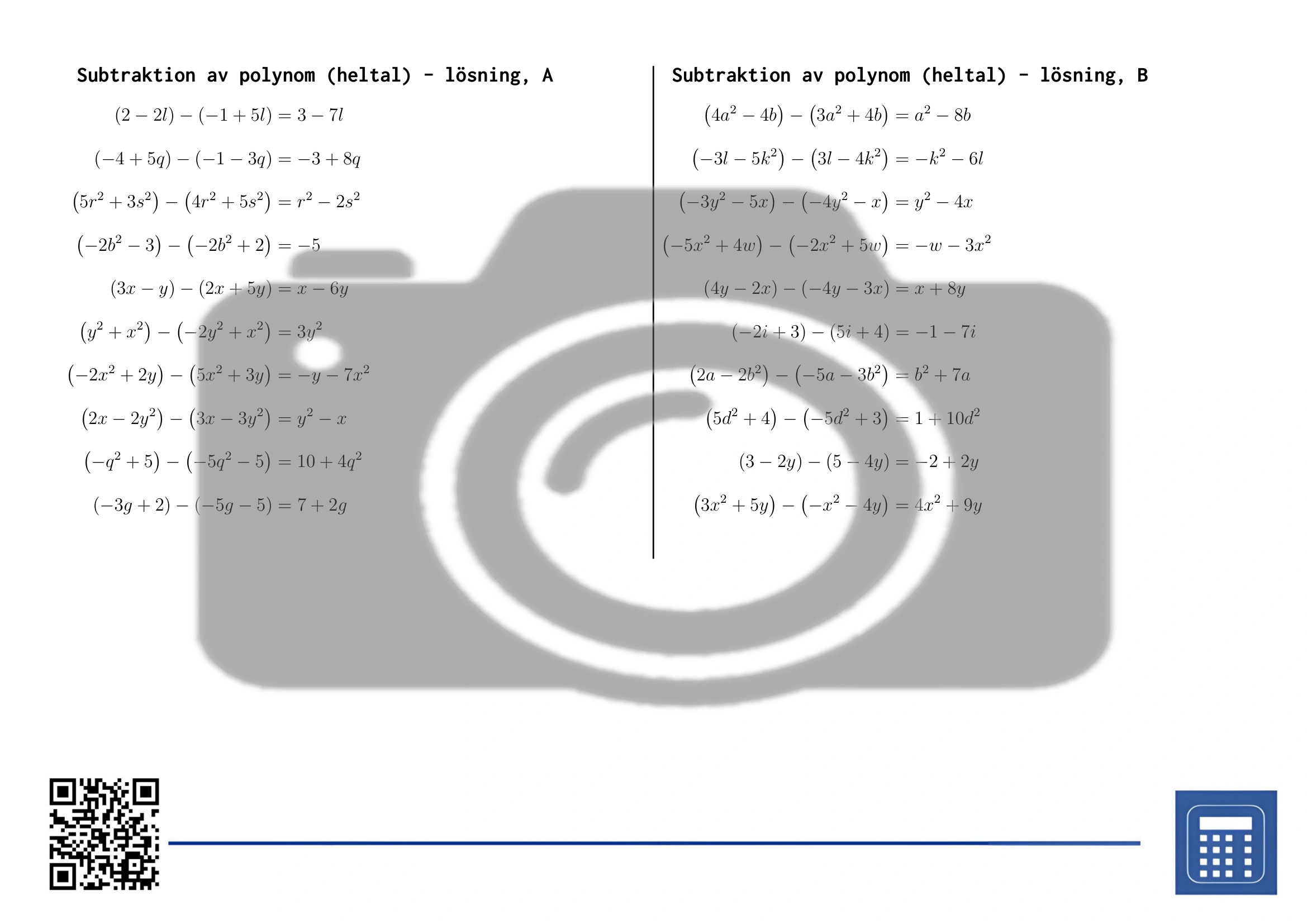 Arbetsblad: Subtraktion av polynom (heltal) - Bild 4