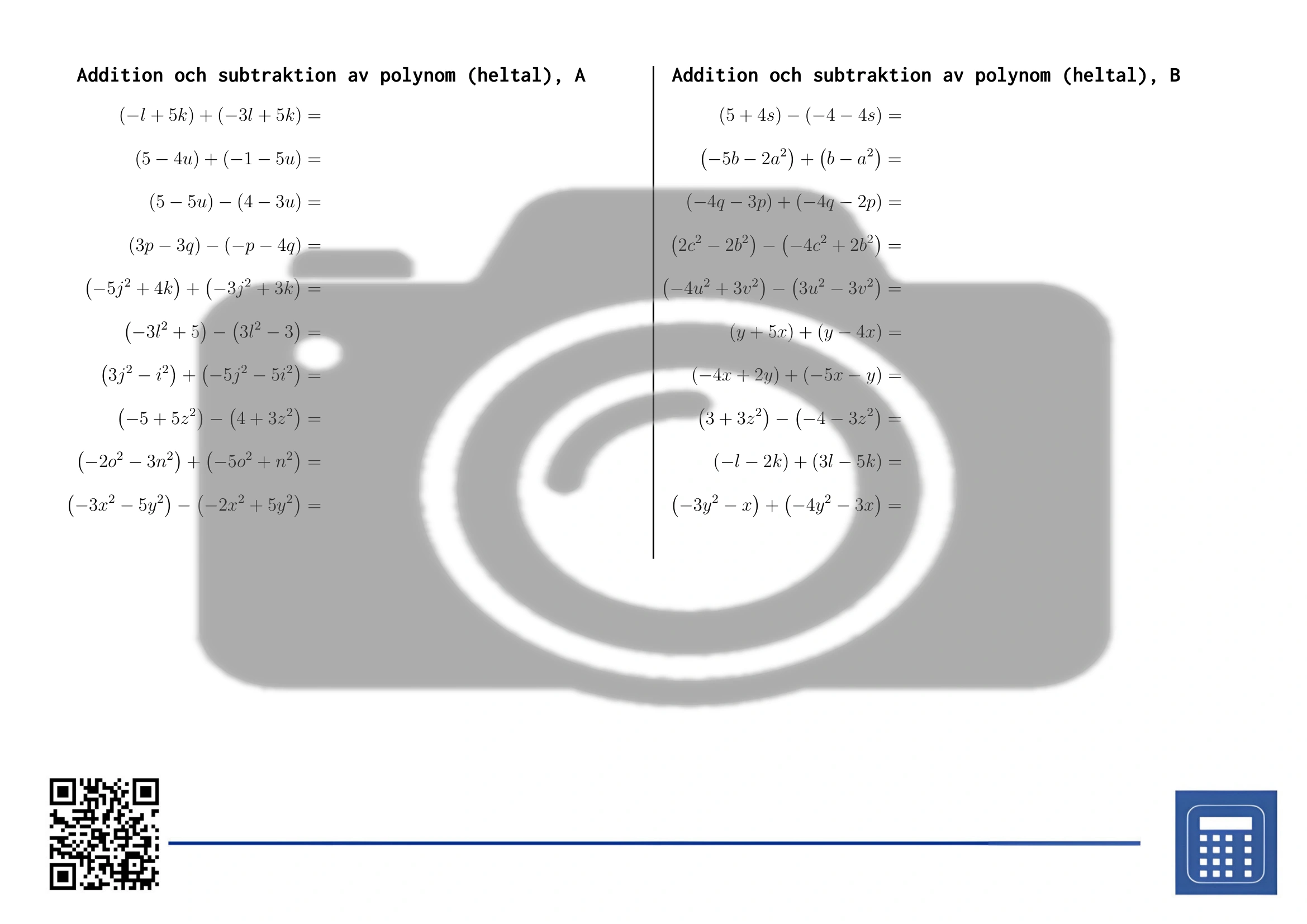 Arbetsblad: Addition och subtraktion av polynom (heltal) - Bild 2