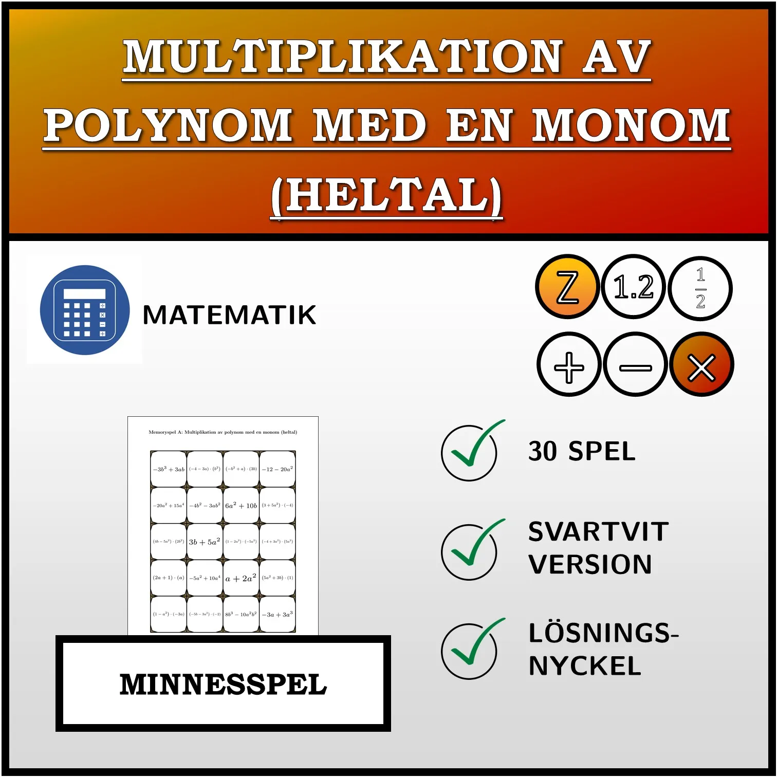 Memoryspel: Multiplikation av polynom med en monom (heltal)
