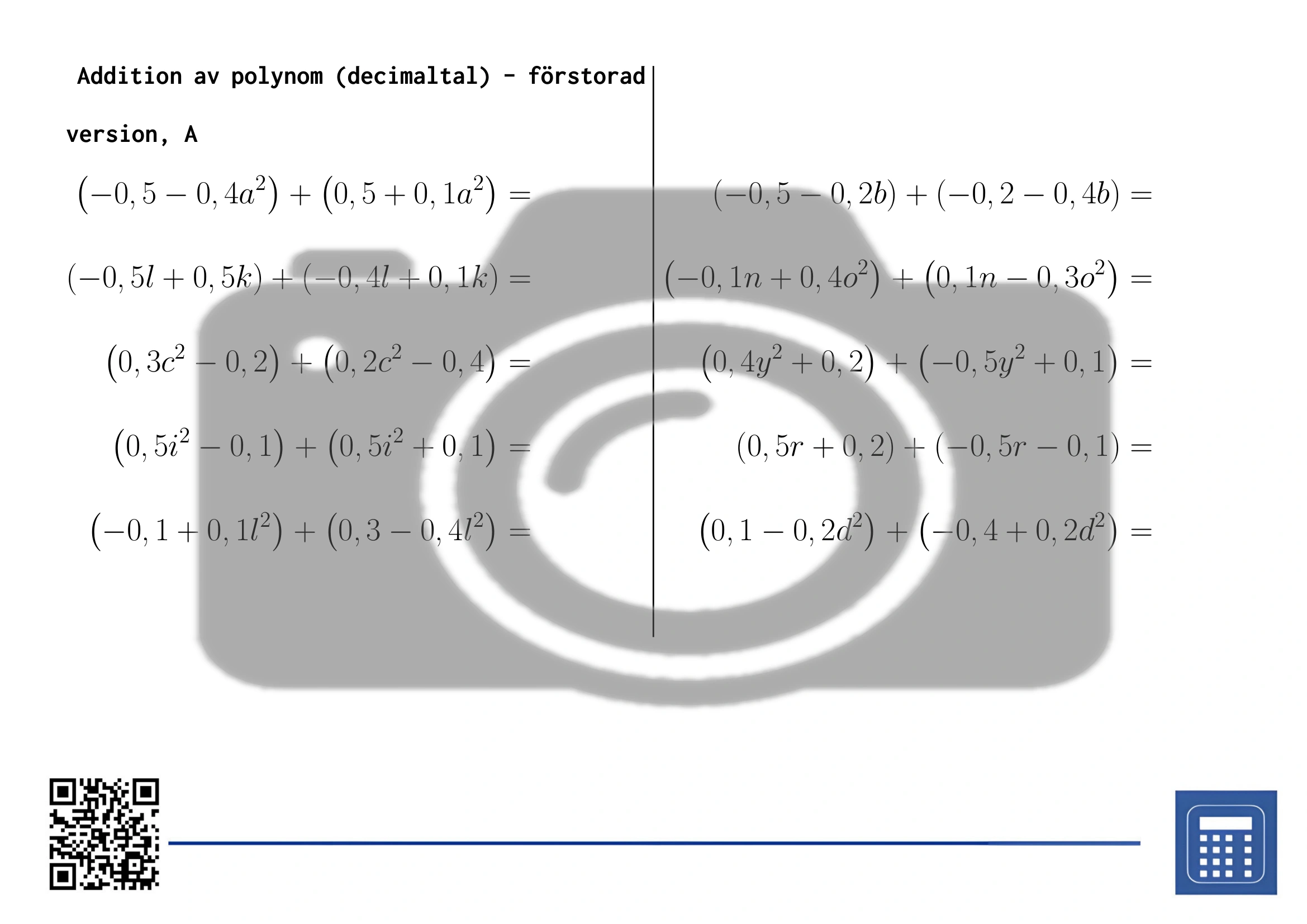 Arbetsblad: Addition av polynom (decimaltal) - Bild 3