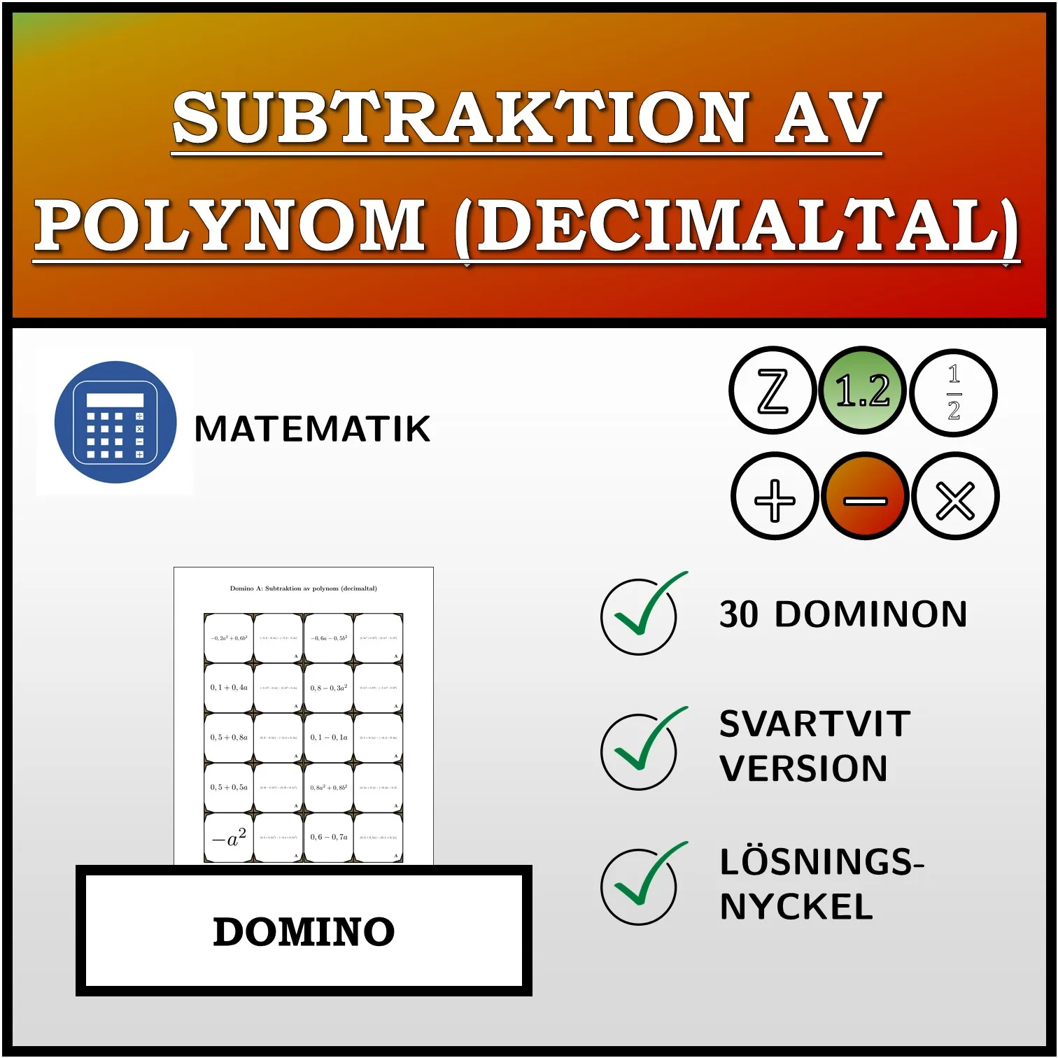 Domino: Subtraktion av polynom (decimaltal)