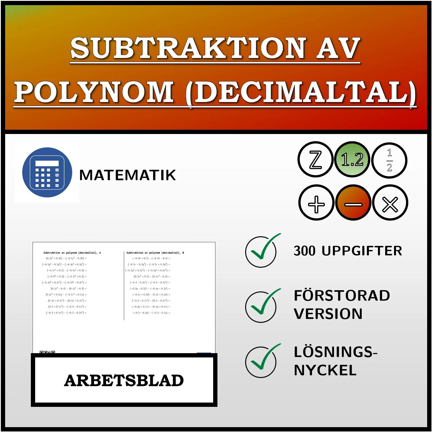 Arbetsblad: Subtraktion av polynom (decimaltal)