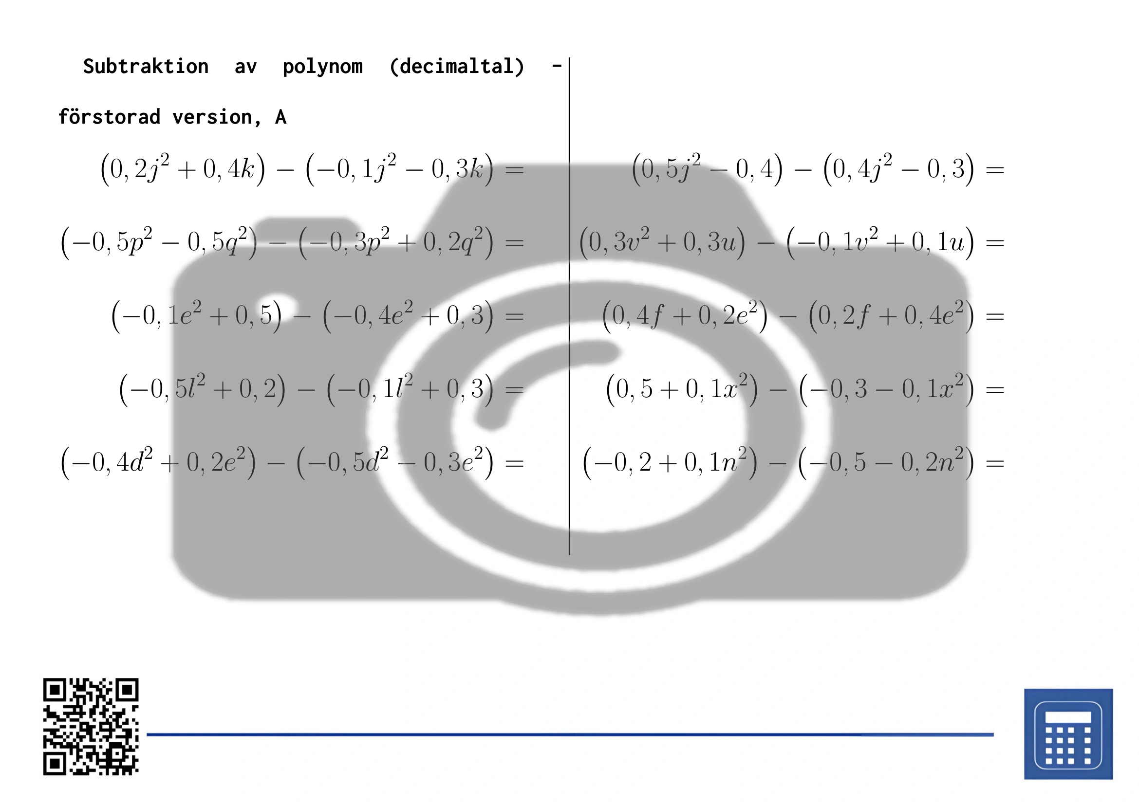 Arbetsblad: Subtraktion av polynom (decimaltal) - Bild 3