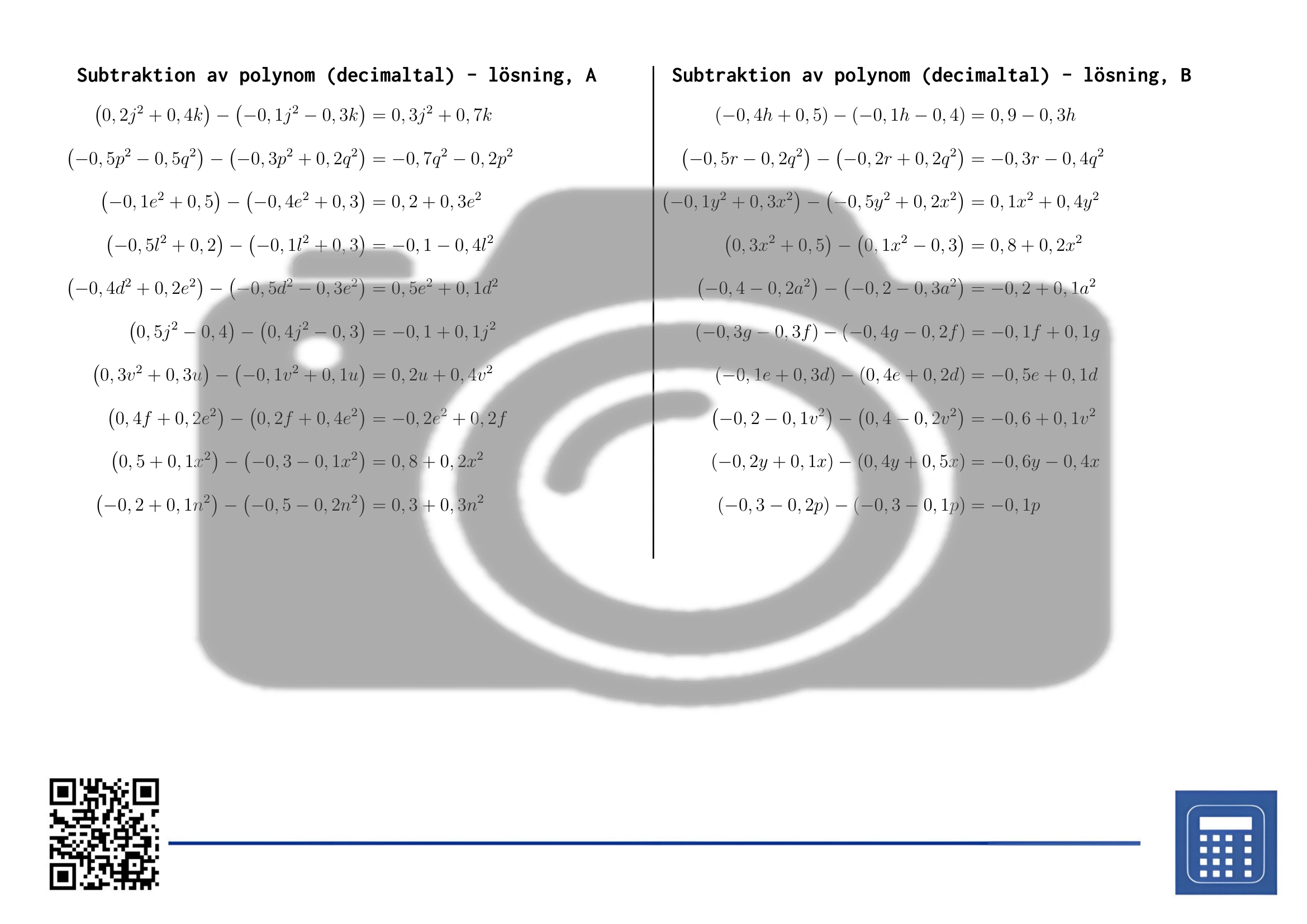 Arbetsblad: Subtraktion av polynom (decimaltal) - Bild 4