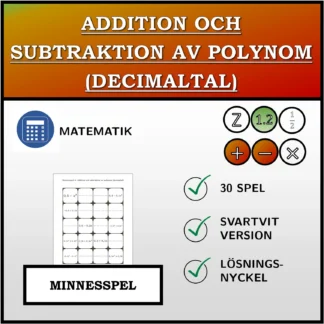Memoryspel: Addition och subtraktion av polynom (decimaltal)