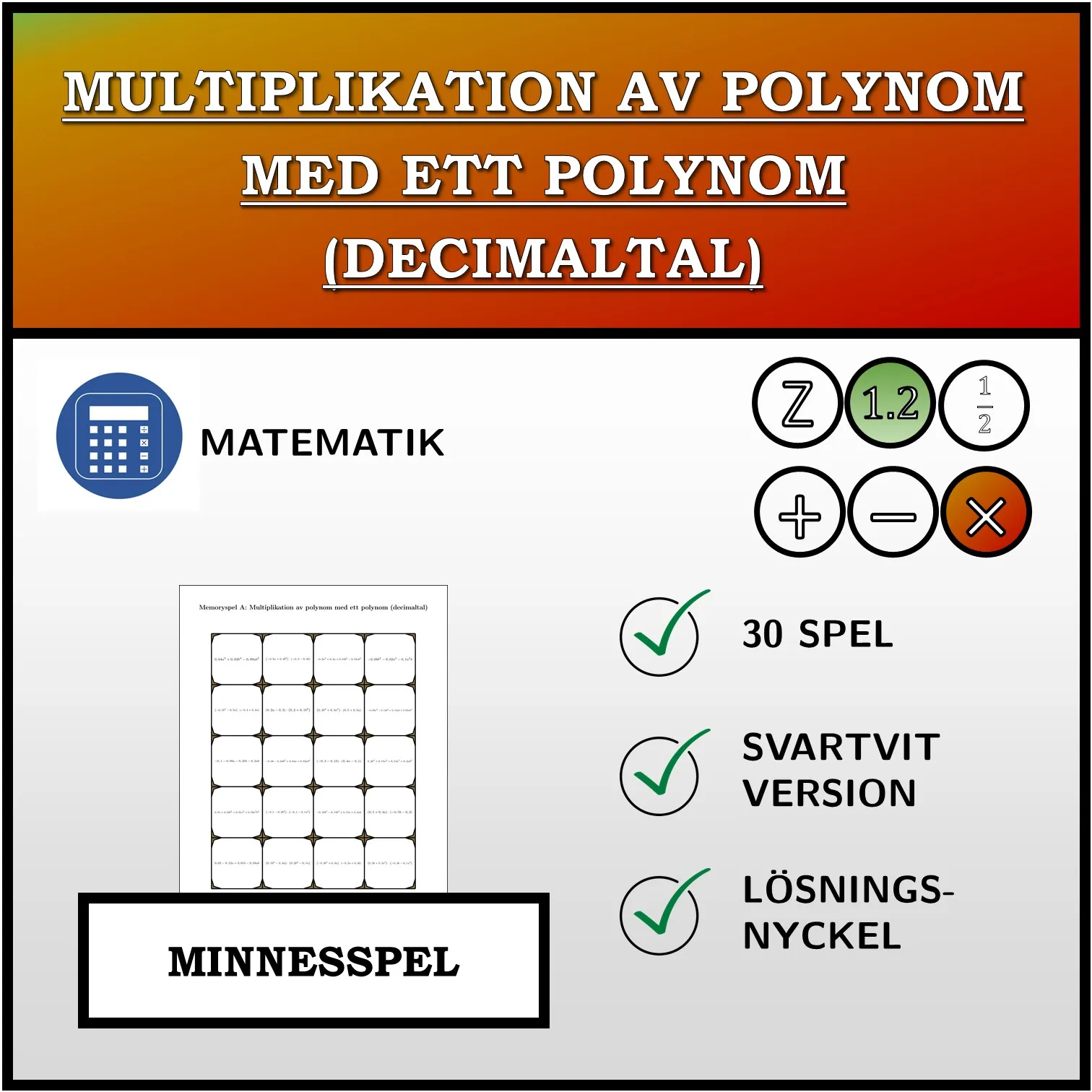 Memoryspel: Multiplikation av polynom med ett polynom (decimaltal)