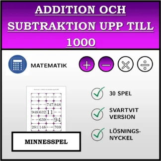 Memoryspel: Addition och subtraktion upp till 1000