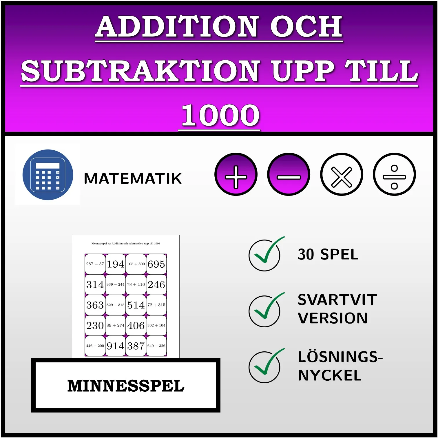 Memoryspel: Addition och subtraktion upp till 1000