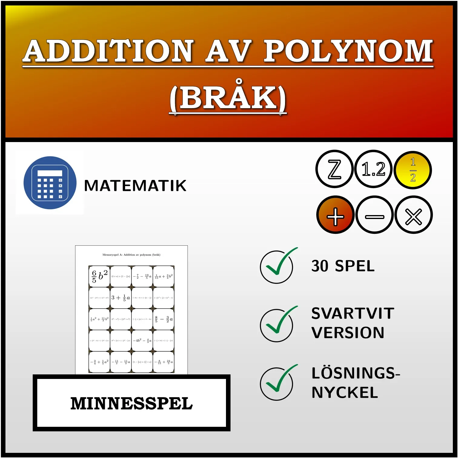 Memoryspel: Addition av polynom (bråk)