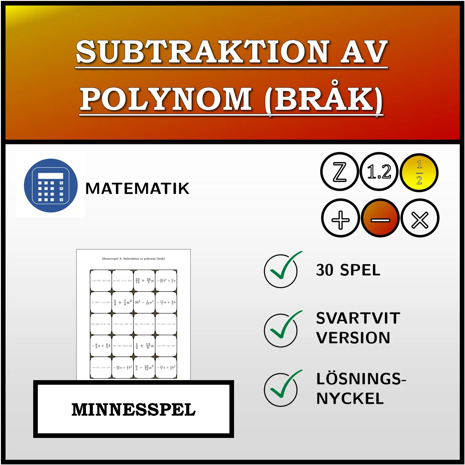 Memoryspel: Subtraktion av polynom (bråk)