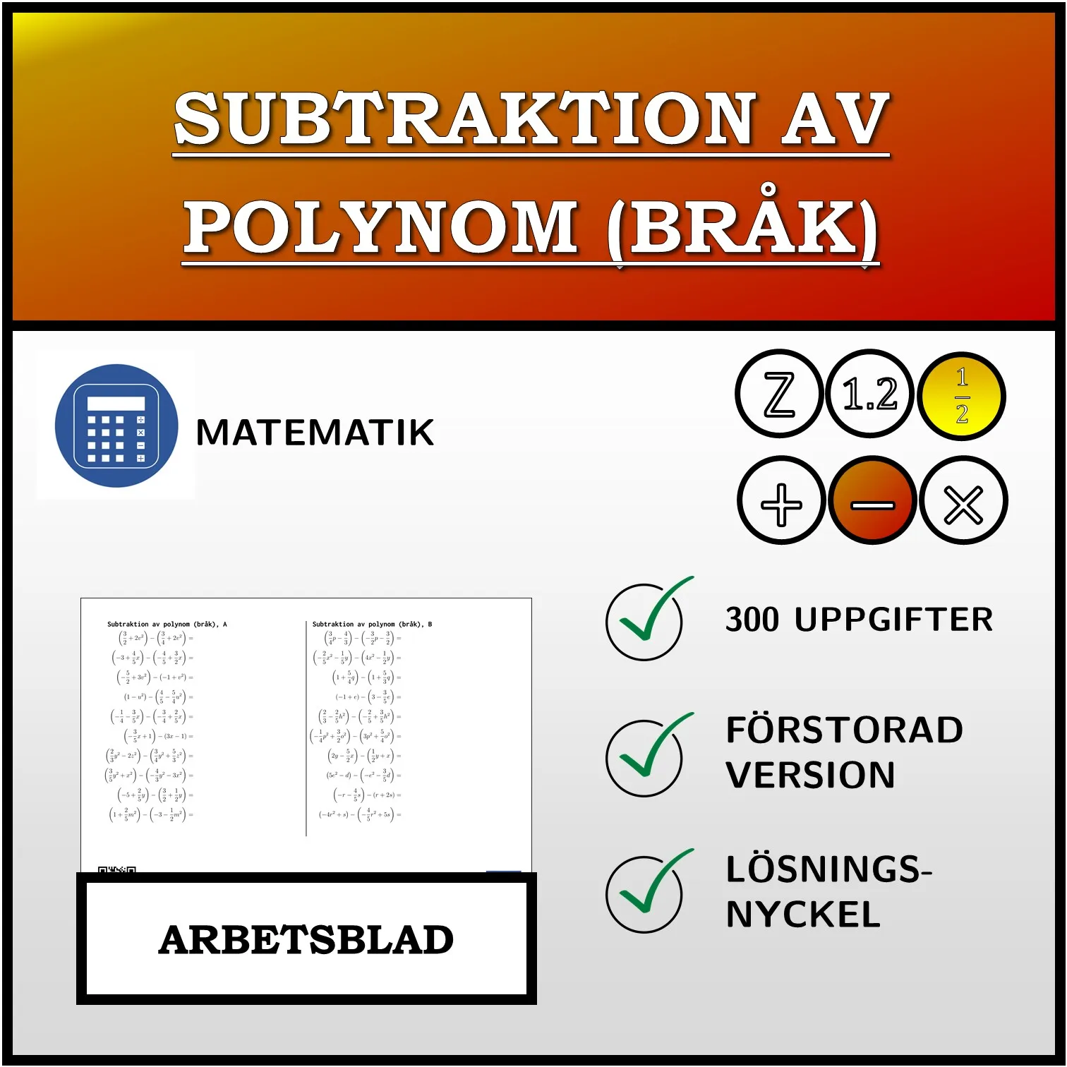 Arbetsblad: Subtraktion av polynom (bråk)