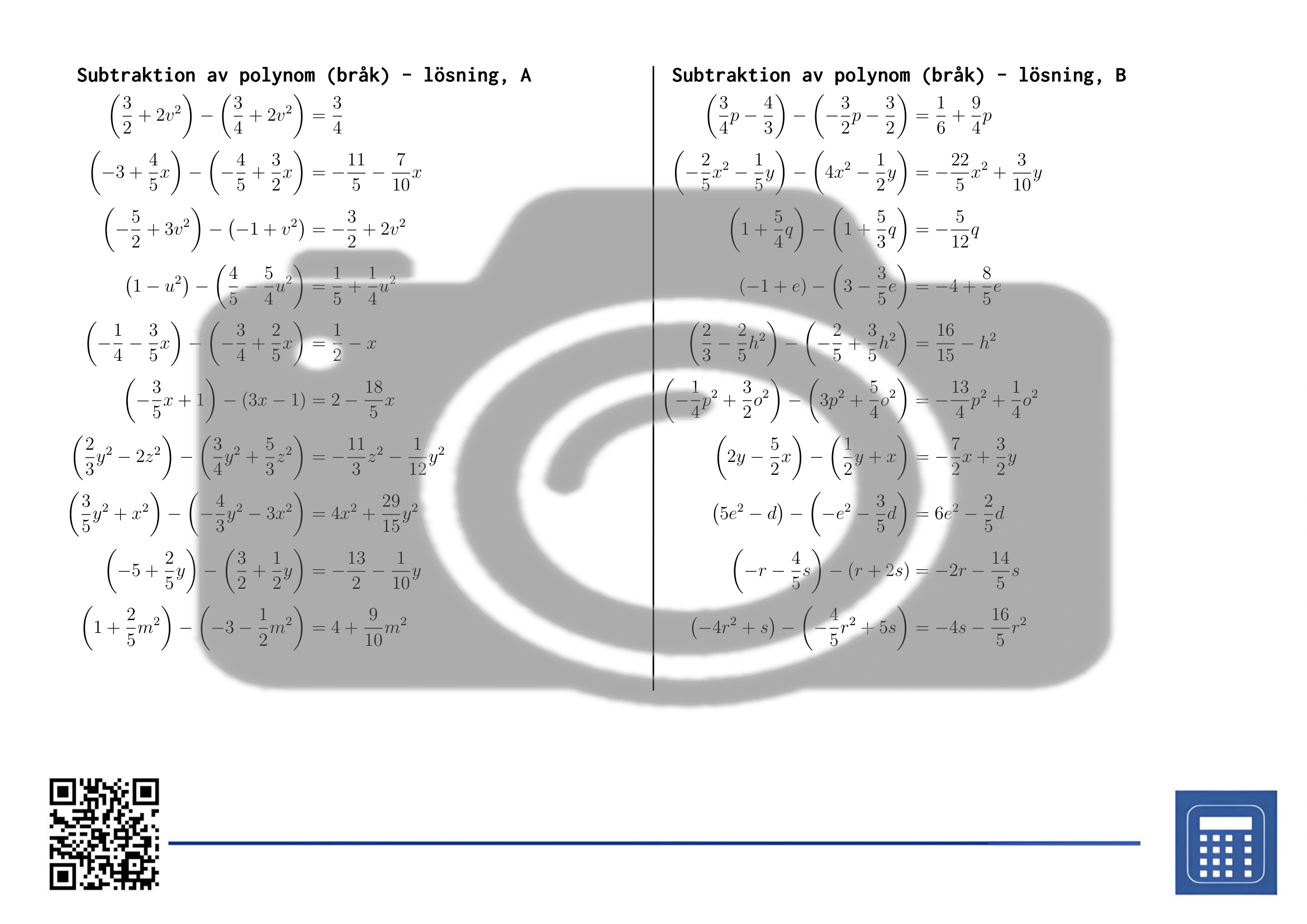 Arbetsblad: Subtraktion av polynom (bråk) - Bild 4