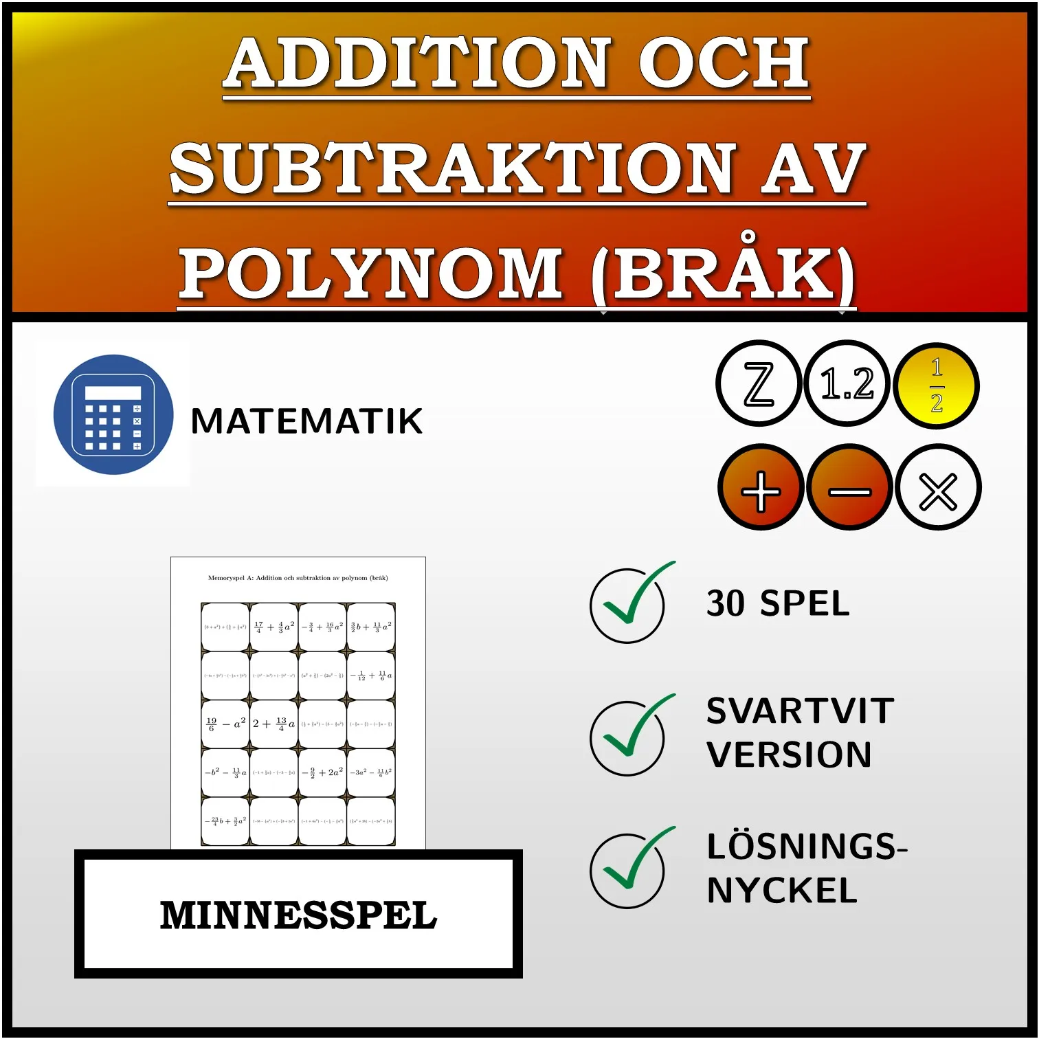 Memoryspel: Addition och subtraktion av polynom (bråk)