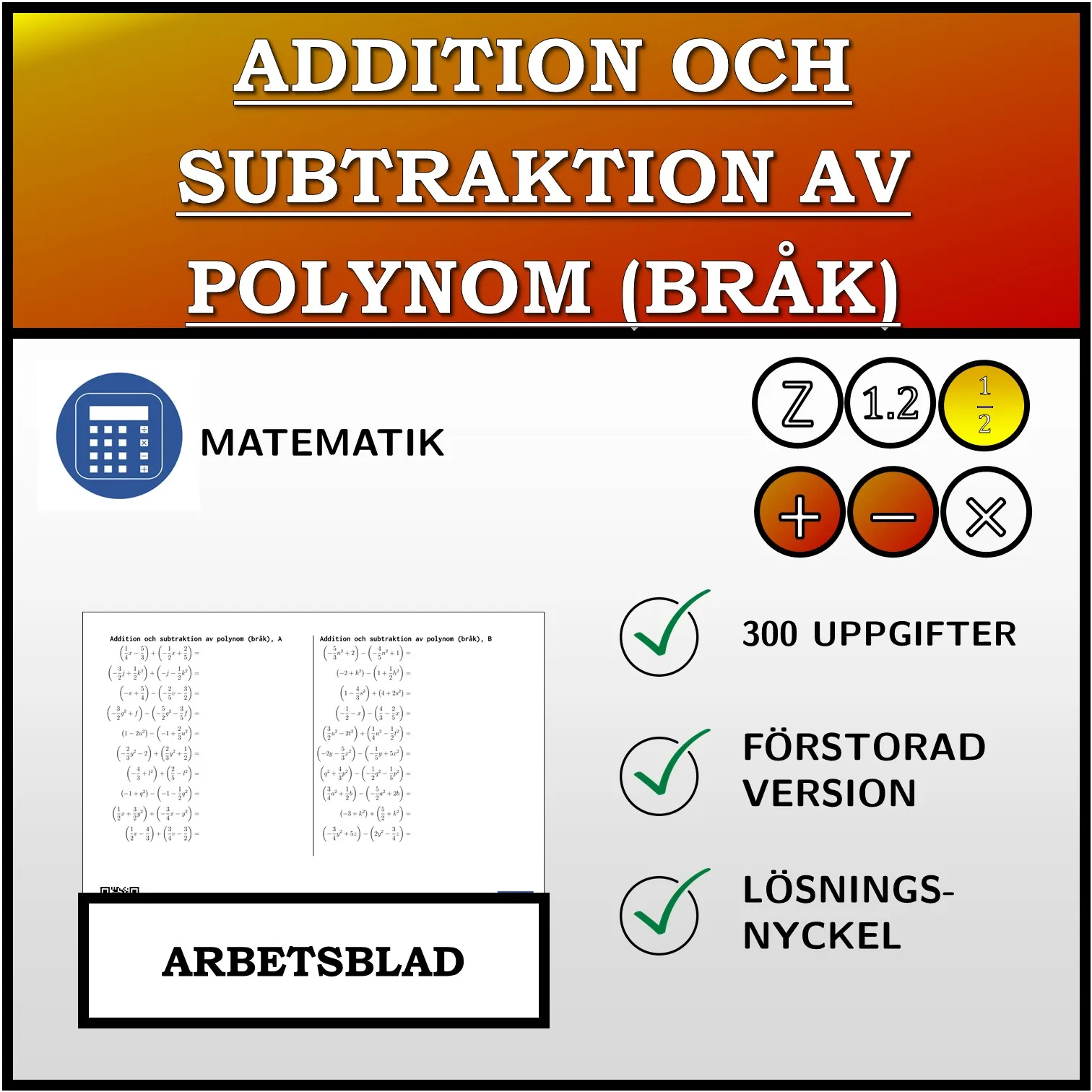 Arbetsblad: Addition och subtraktion av polynom (bråk)