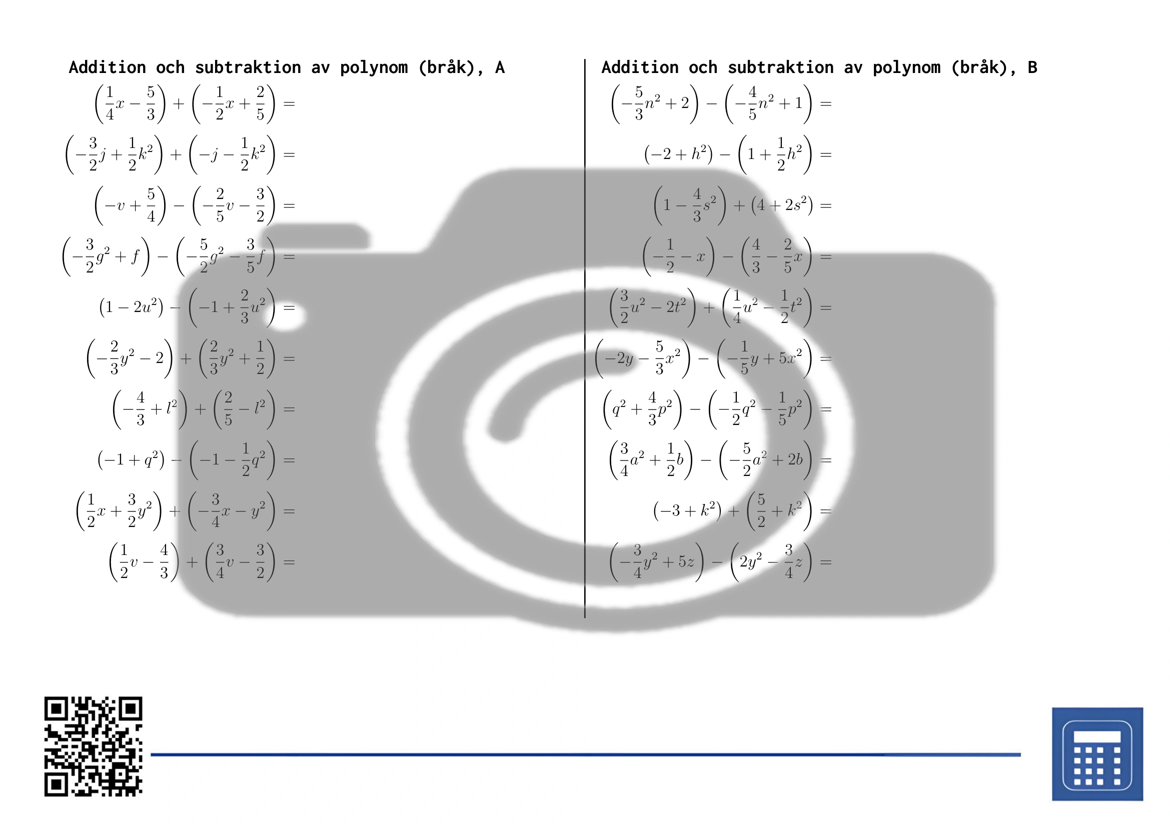 Arbetsblad: Addition och subtraktion av polynom (bråk) - Bild 2