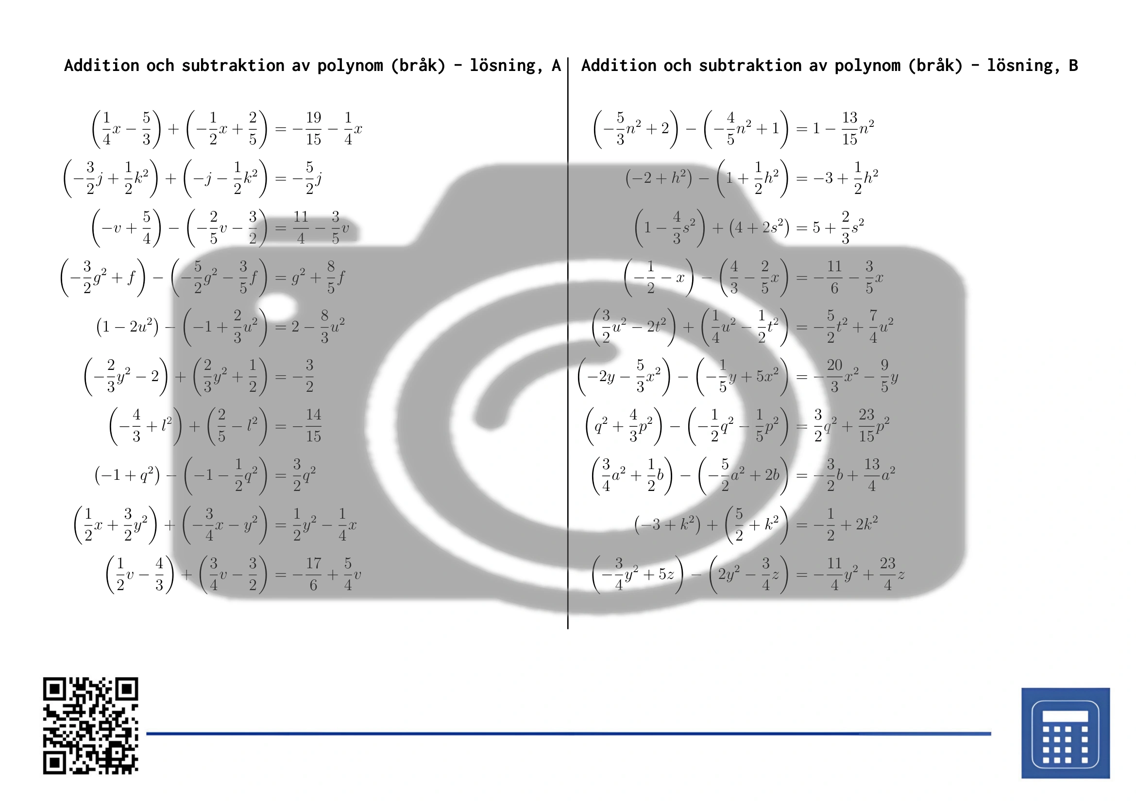 Arbetsblad: Addition och subtraktion av polynom (bråk) - Bild 4