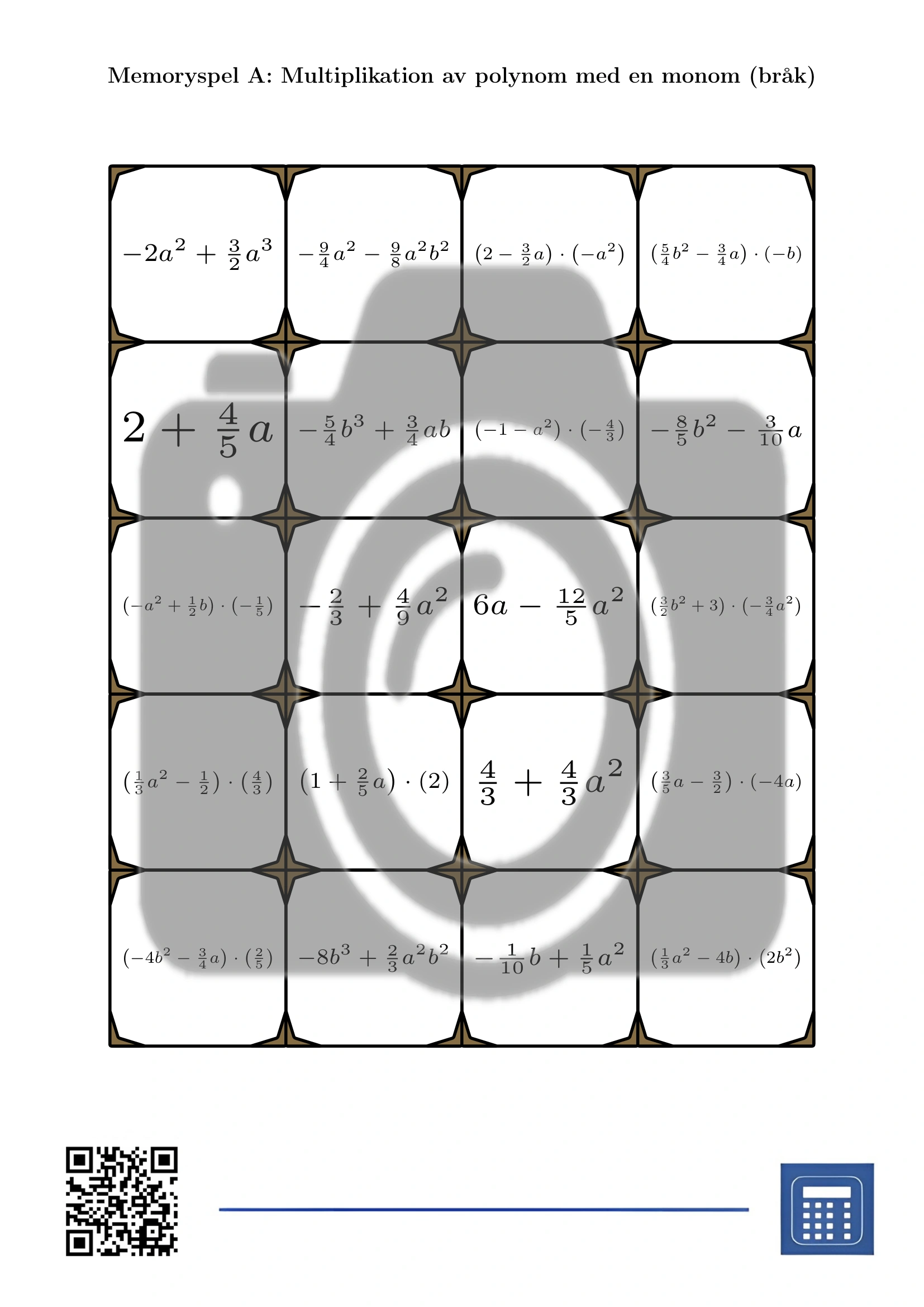 Memoryspel: Multiplikation av polynom med en monom (bråk) - Bild 2