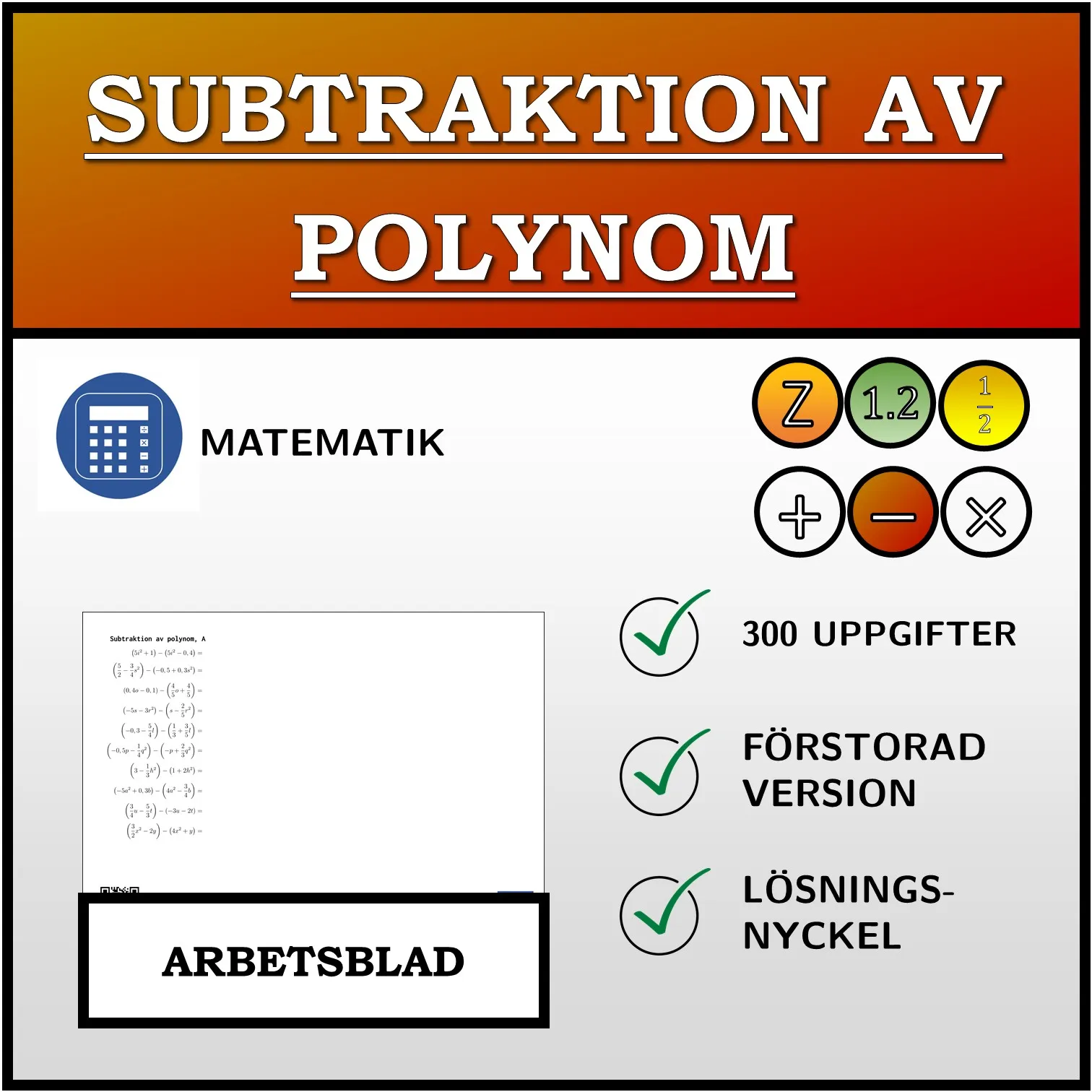 Arbetsblad: Subtraktion av polynom