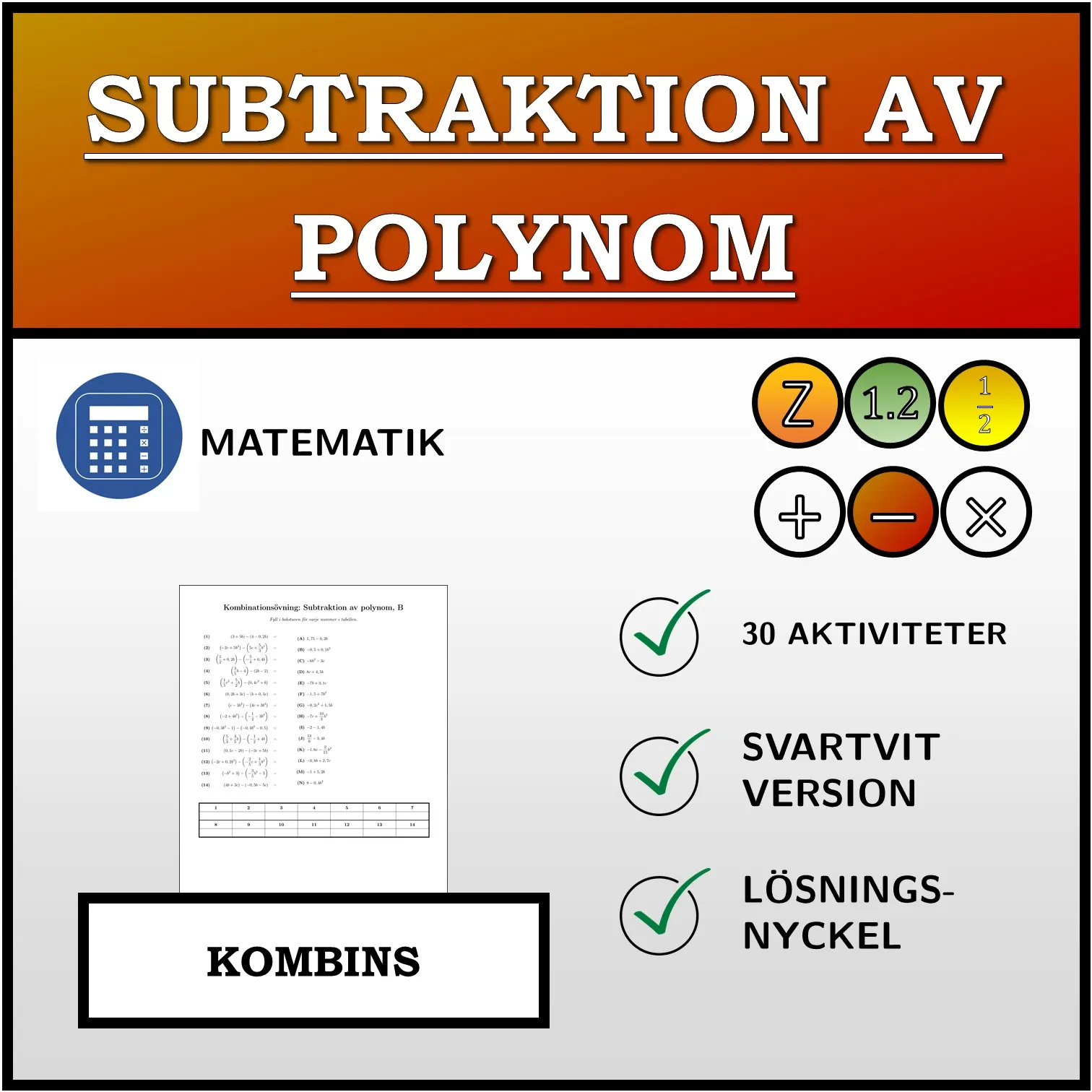 Kombinationsövning: Subtraktion av polynom