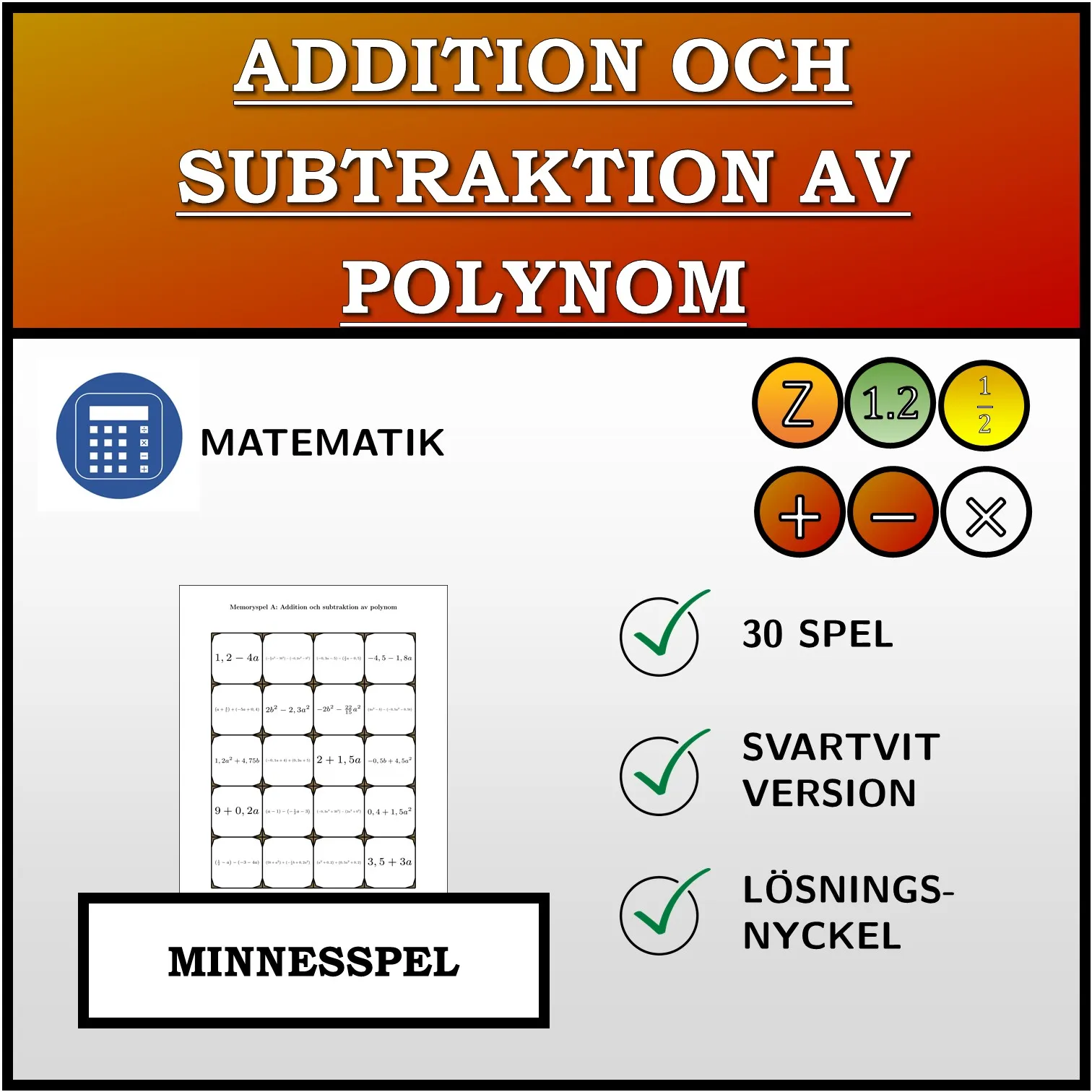 Memoryspel: Addition och subtraktion av polynom