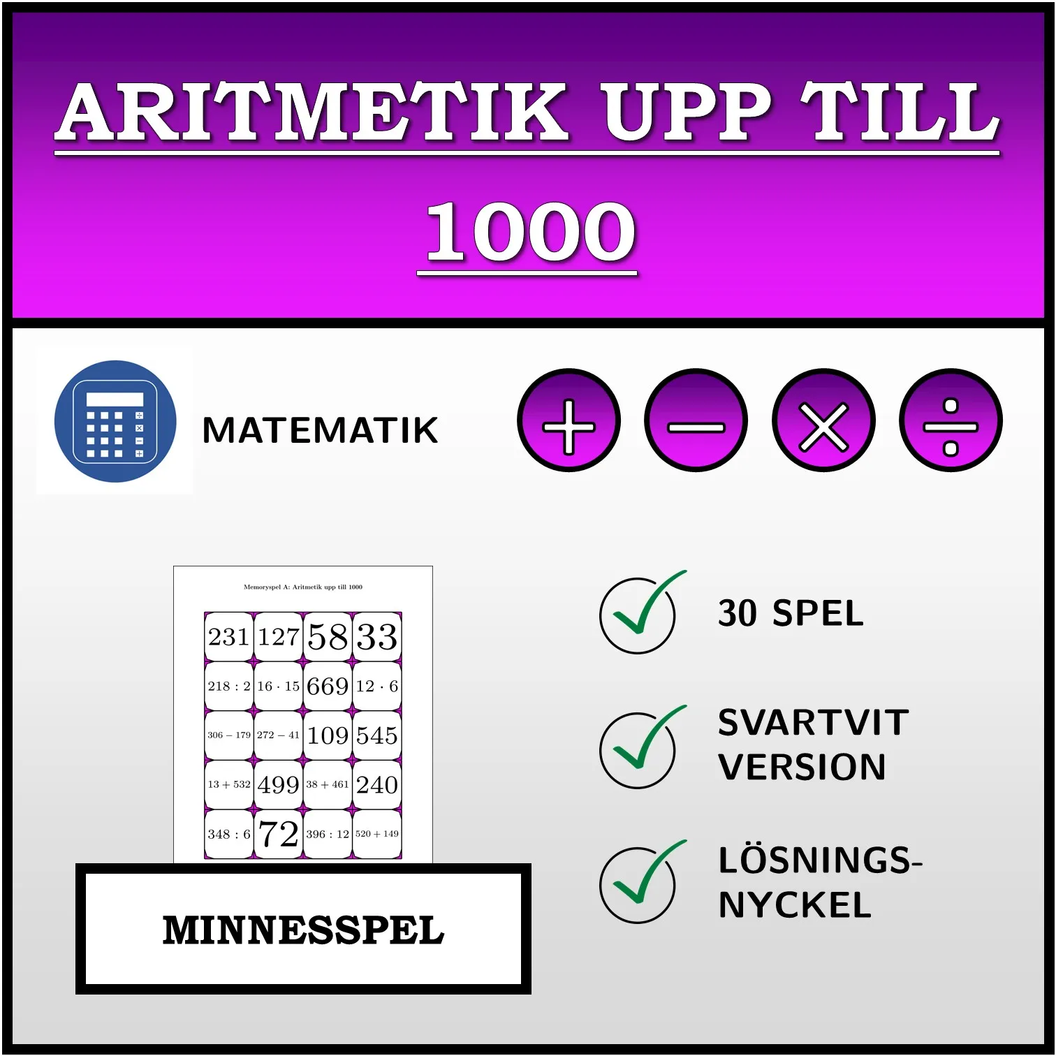 Memoryspel: Aritmetik upp till 1000