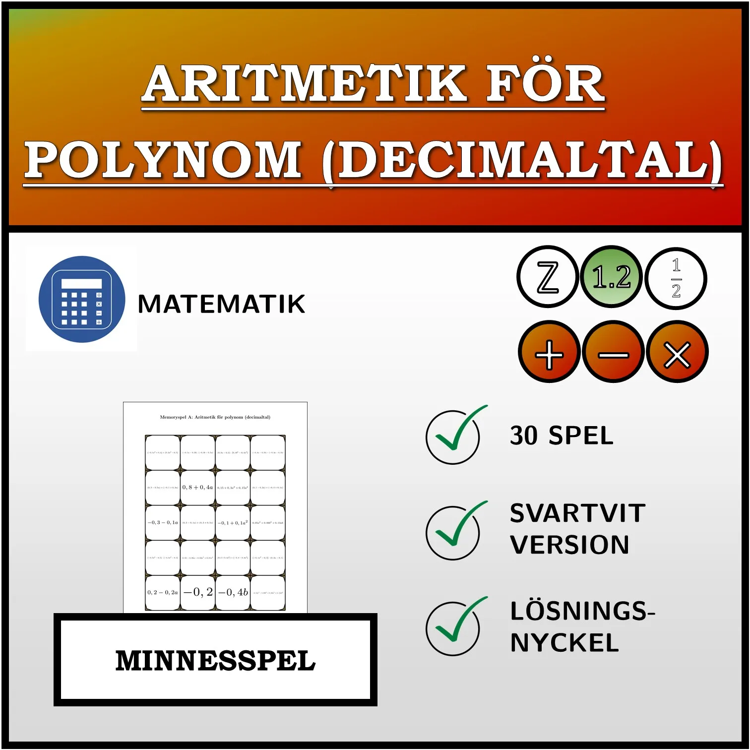 Memoryspel: Aritmetik för polynom (decimaltal)