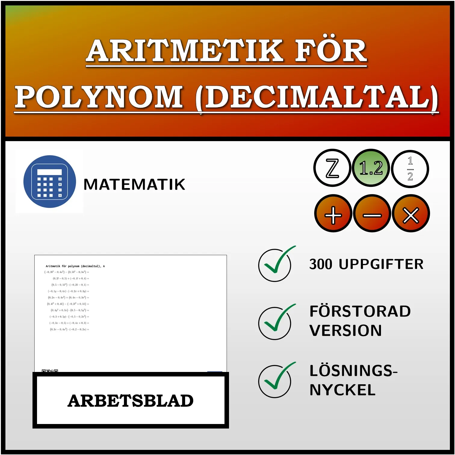 Arbetsblad: Aritmetik för polynom (decimaltal)