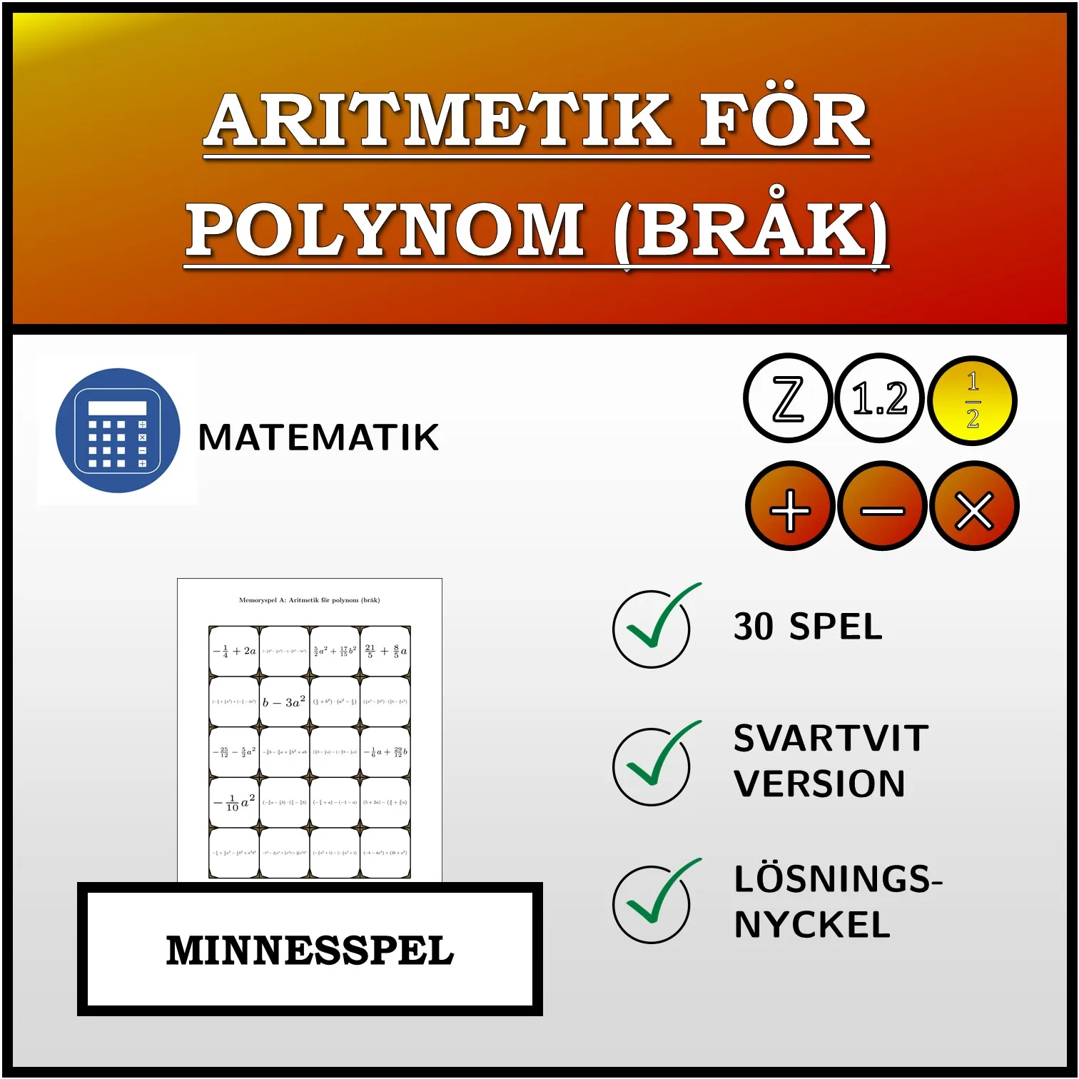 Memoryspel: Aritmetik för polynom (bråk)