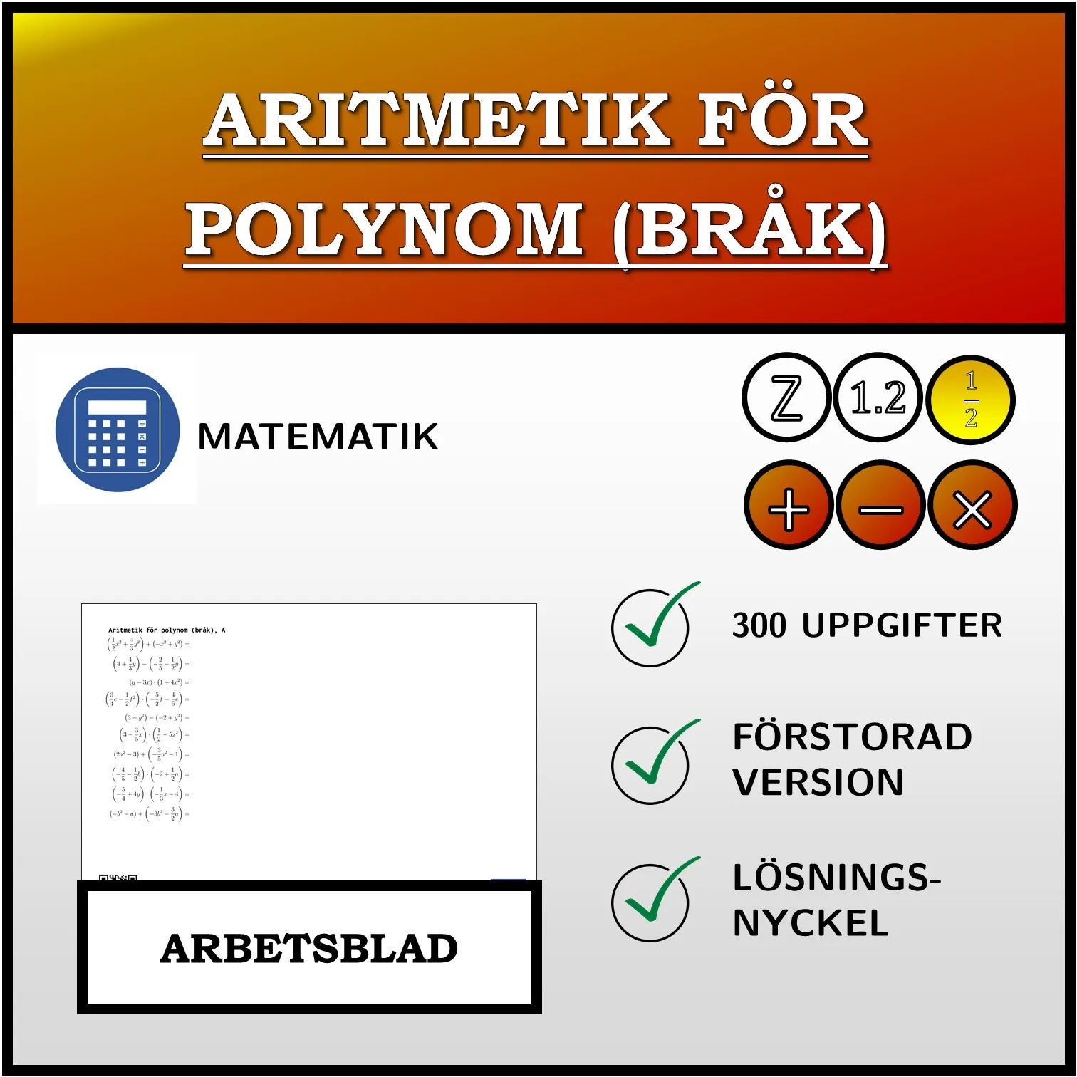 Arbetsblad: Aritmetik för polynom (bråk)