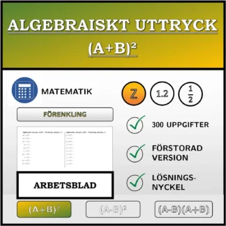Arbetsblad: Algebraiskt uttryck (A+B)², förenkling (heltal)